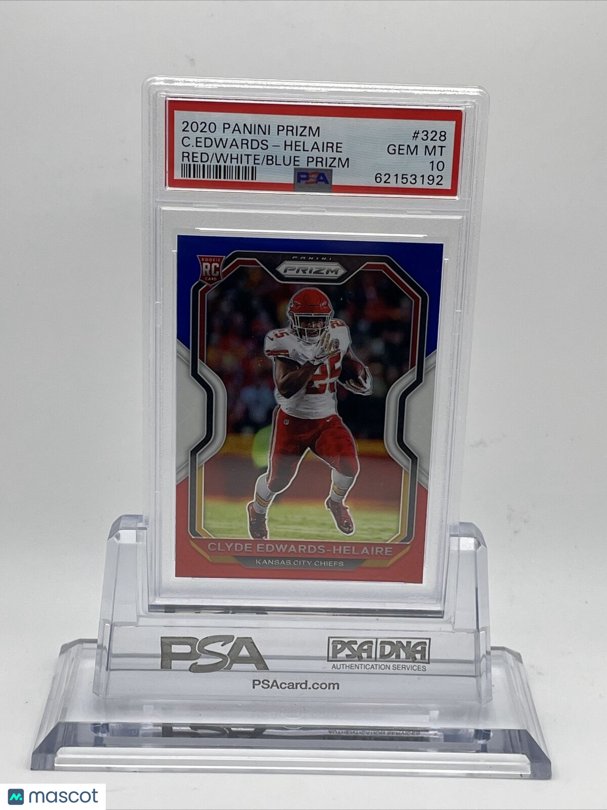 2020 Panini Prizm RED/WHITE/BLUE Prizm Clyde Edwards-Helaire Rookie #328 PSA 10