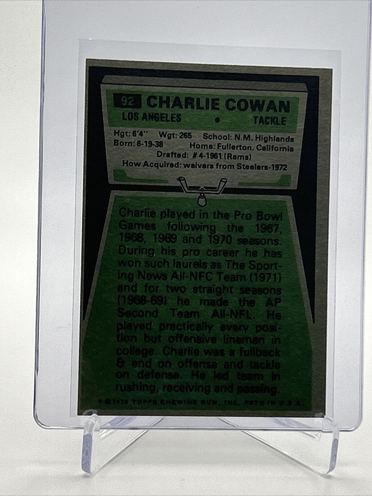 1975 Topps Charles Cowan Football Card #92 NM Quality FREE SHIPPING
