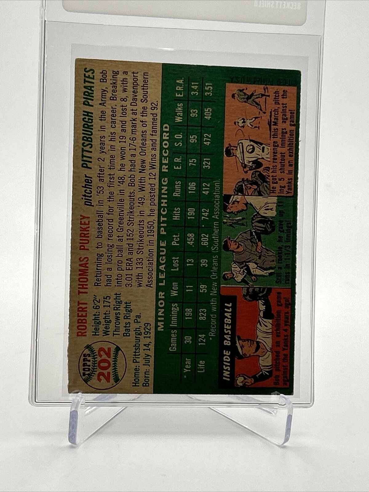 1954 Topps Bob Purkey Rookie Baseball Card #202 VG-EX Quality FREE SHIPPING
