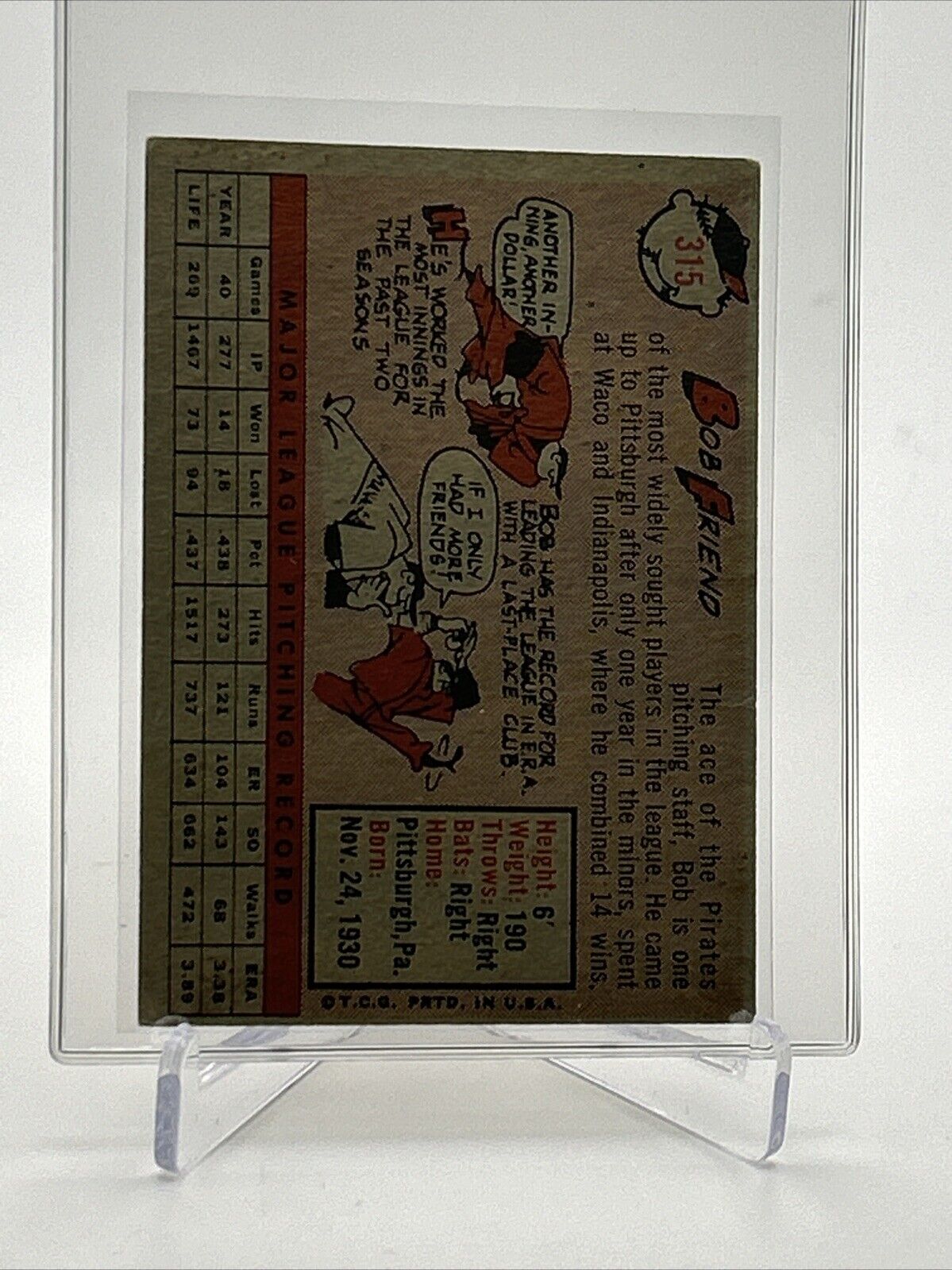 1958 Topps Bob Friend Baseball Card #315 EX Quality FREE SHIPPING