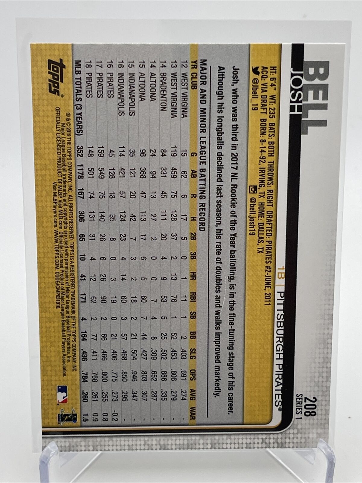 2019 Topps Josh Bell Baseball Card #208 Mint FREE SHIPPING