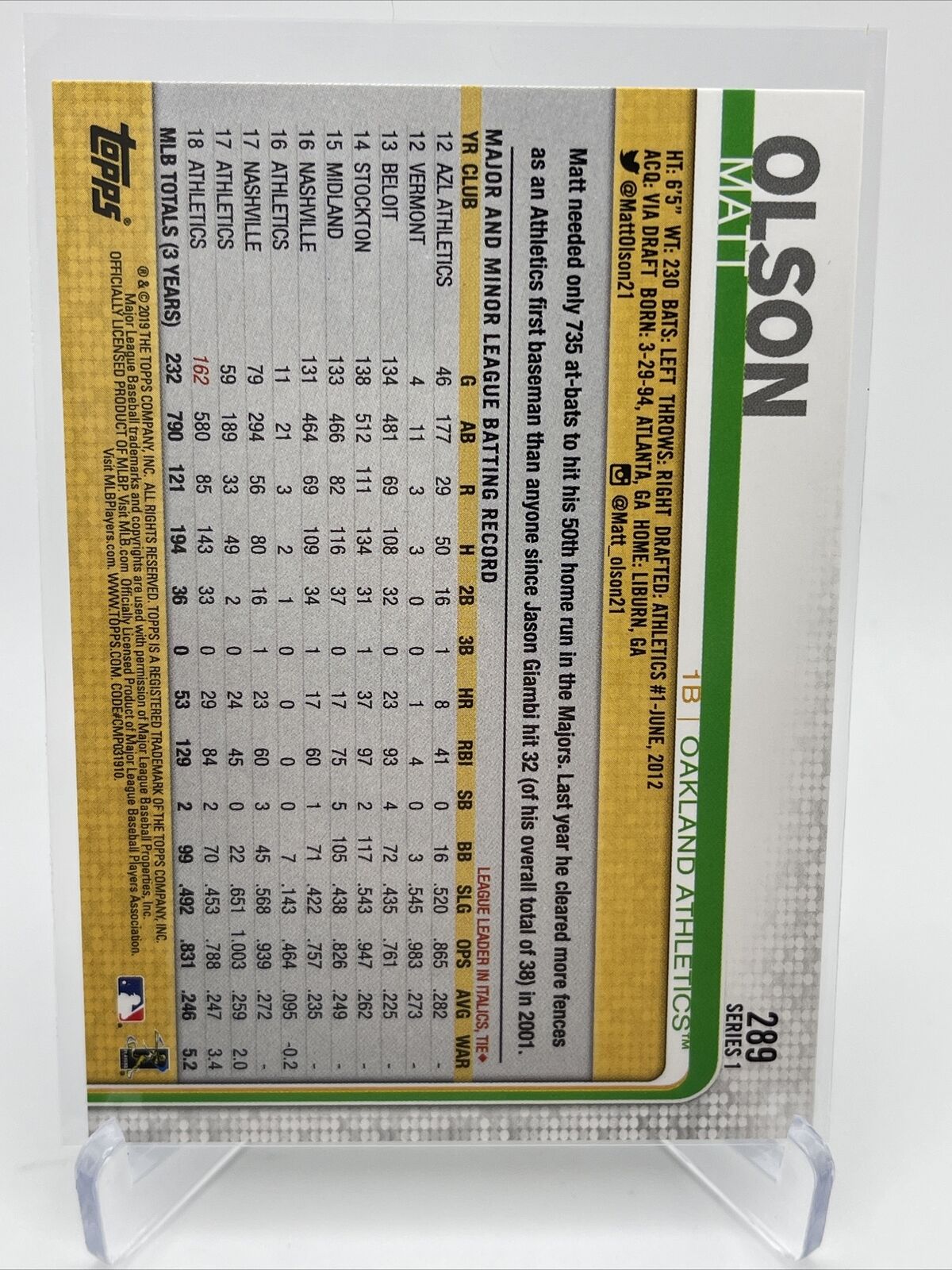 2019 Topps Matt Olson Baseball Card #289 Mint FREE SHIPPING