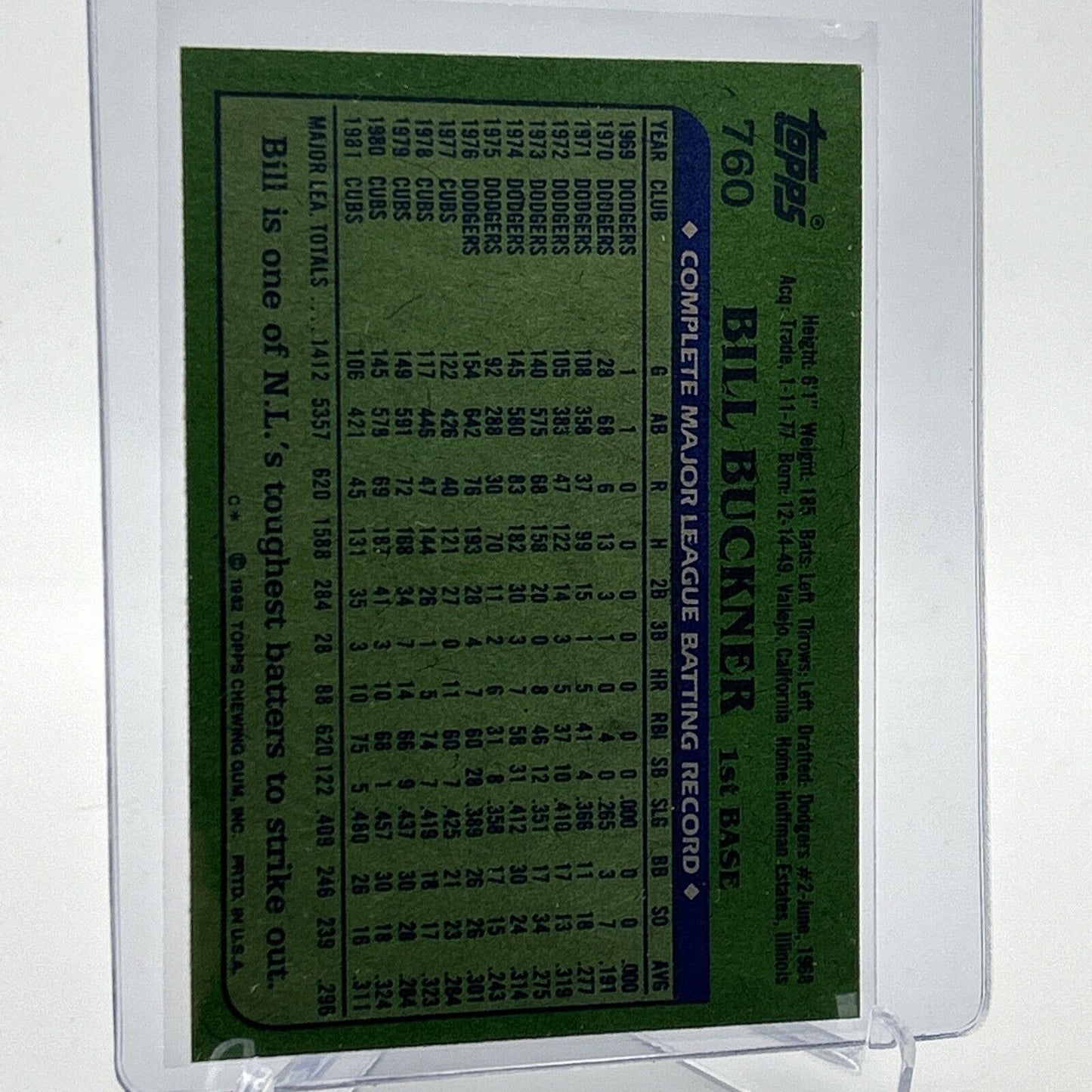 1982 Topps Bill Buckner Baseball Card #760 NM-Mint FREE SHIPPING