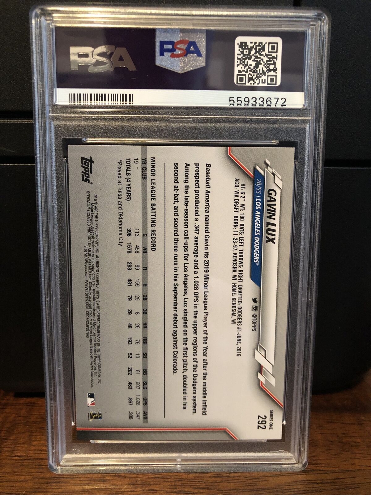 2020 Topps 582 Montgomery Club Set Gavin Lux Rookie Card #292 PSA 10