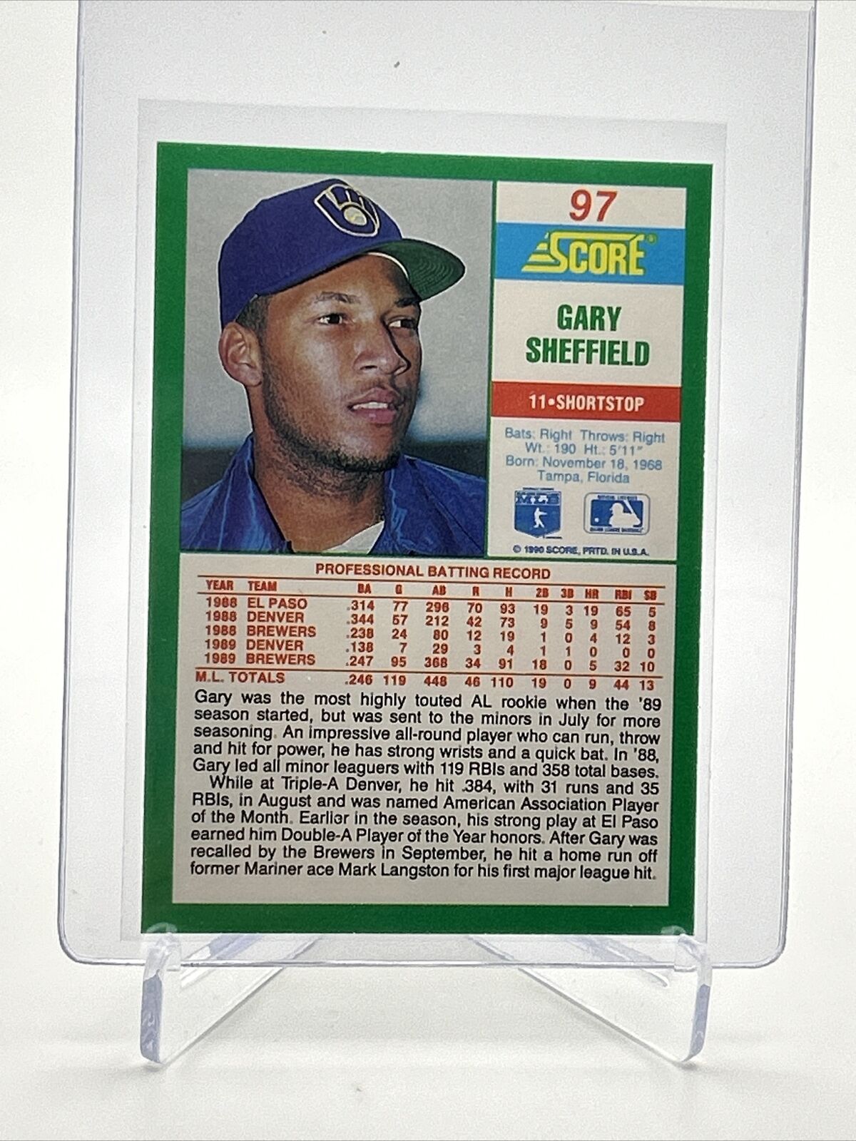 1990 Score Gary Sheffield Baseball Card #97 Mint FREE SHIPPING