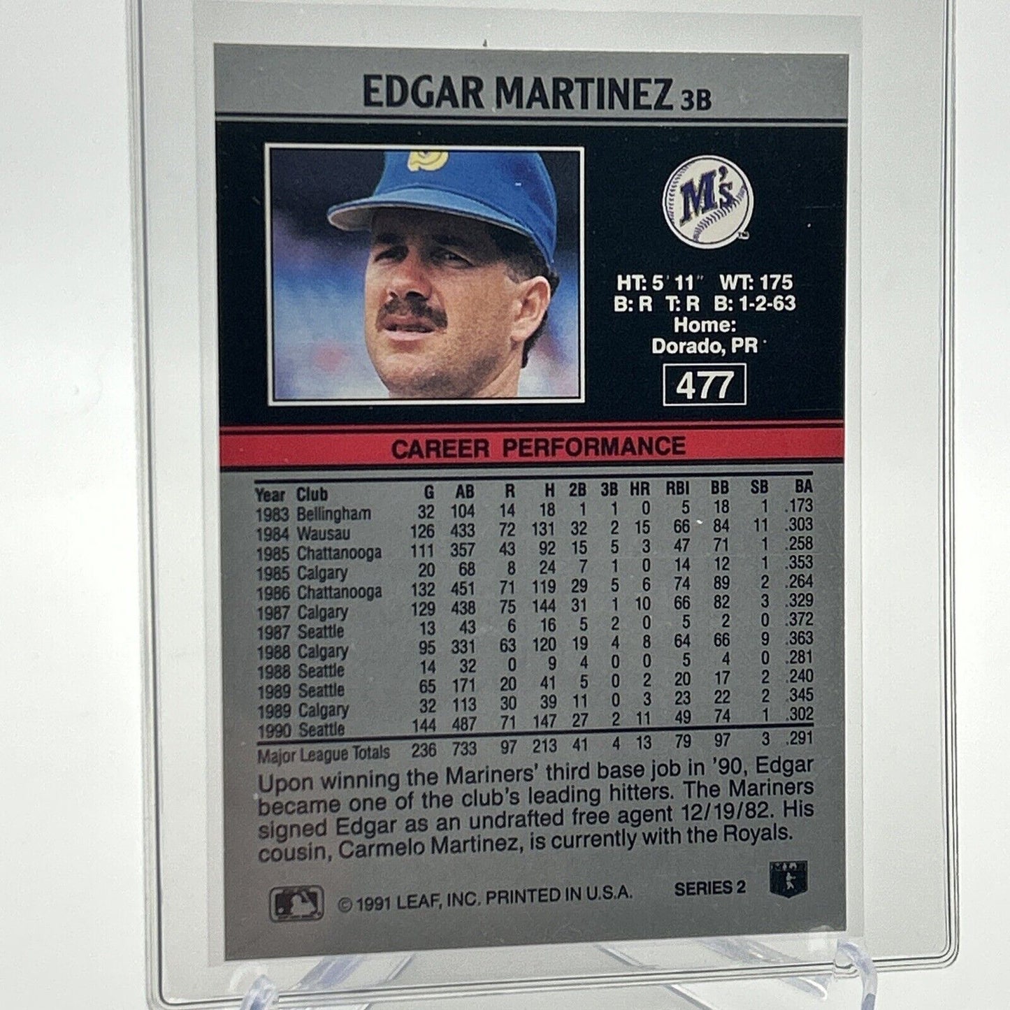 1991 Leaf Edgar Martinez Baseball Card #477 Mint FREE SHIPPING