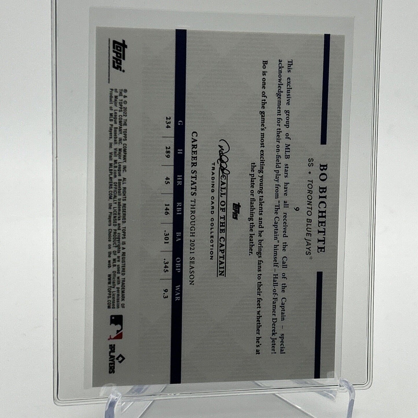 2022 Topps x Derek Jeter Bo Bichette Baseball Card #9 Mint FREE SHIPPING