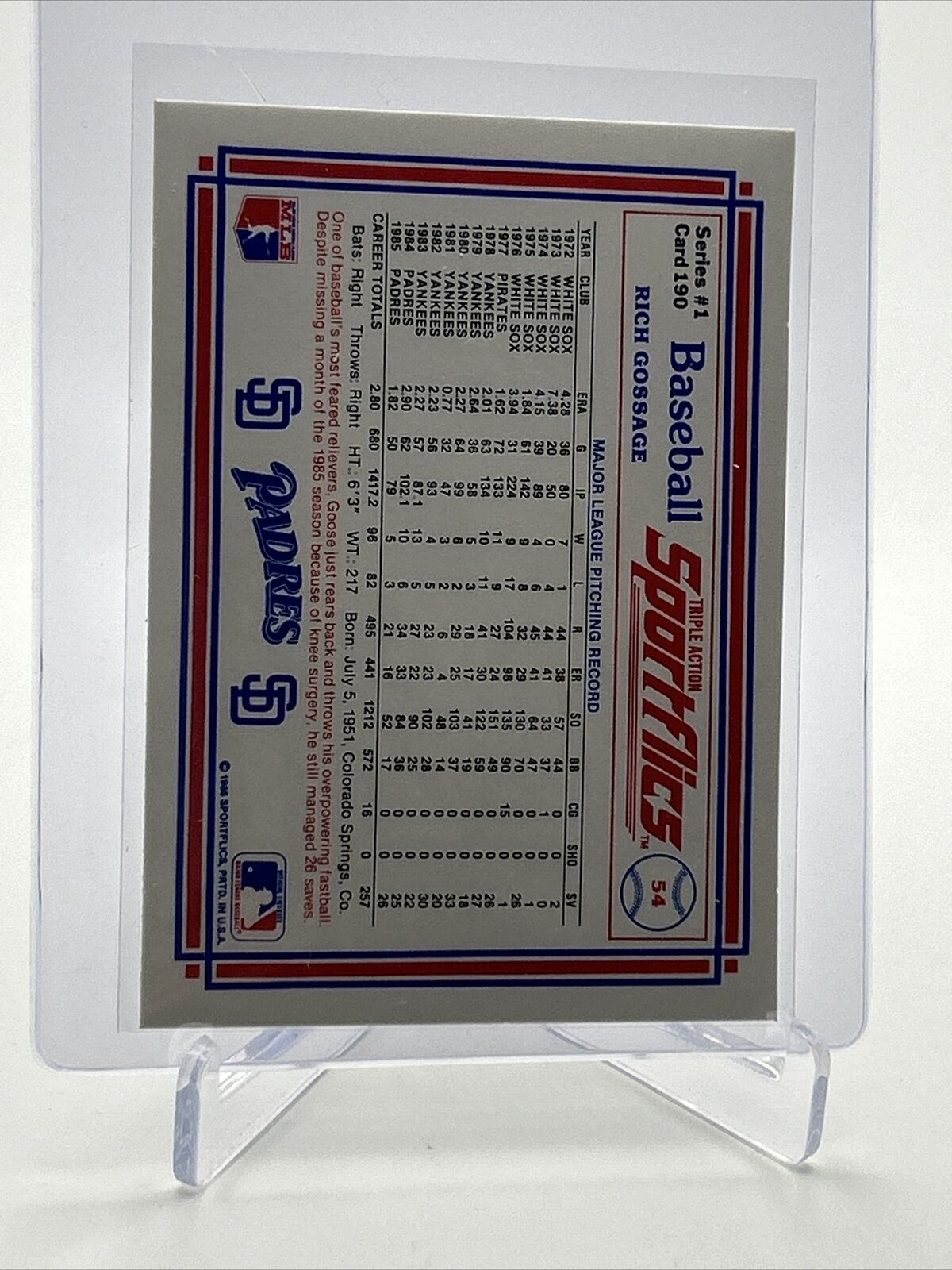 1986 Sportflics Rich Gossage Baseball Card #190 Mint FREE SHIPPING