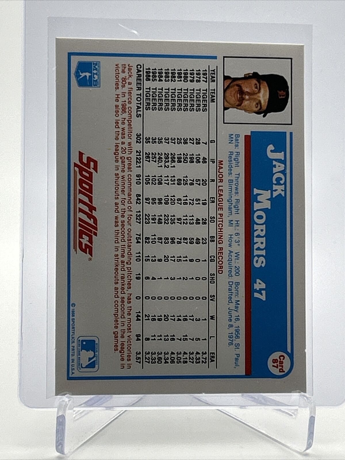 1987 Sportflics Jack Morris Baseball Card #87 Mint FREE SHIPPING