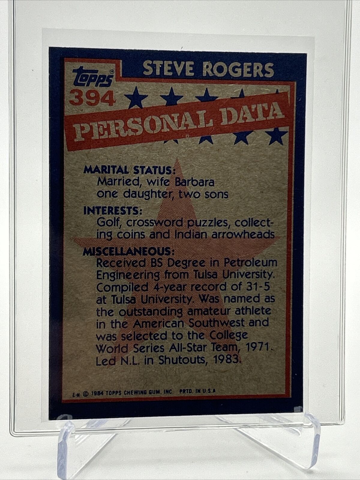 1984 Topps Steve Rogers Baseball Card #394 NM-Mint FREE SHIPPING