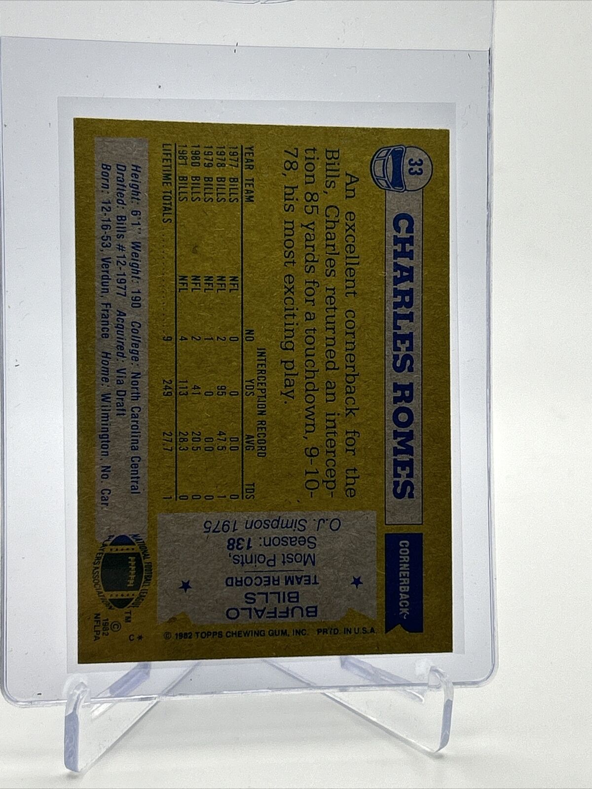 1982 Topps Charles Romes Rookie Football Card #33 NM-MT FREE SHIPPING