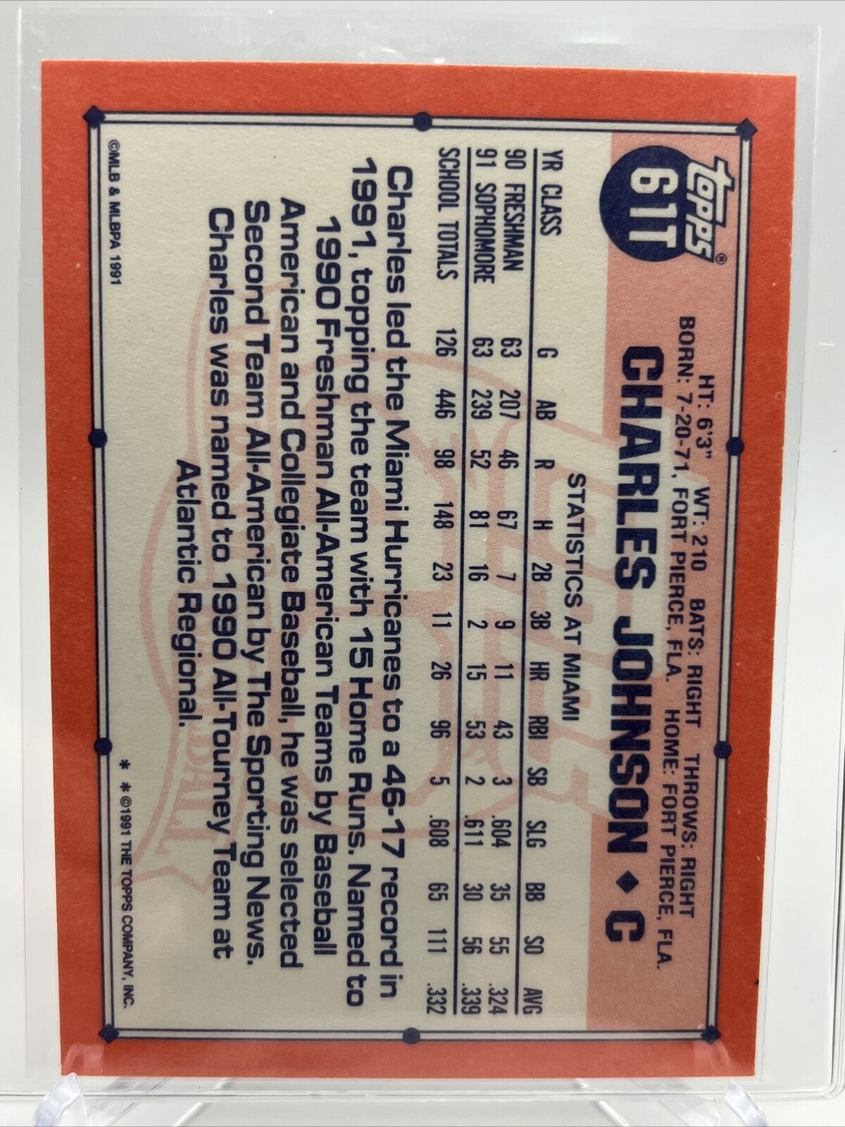 1991 Topps Traded Charles Johnson Rookie Baseball Card #61T Mint FREE SHIPPING