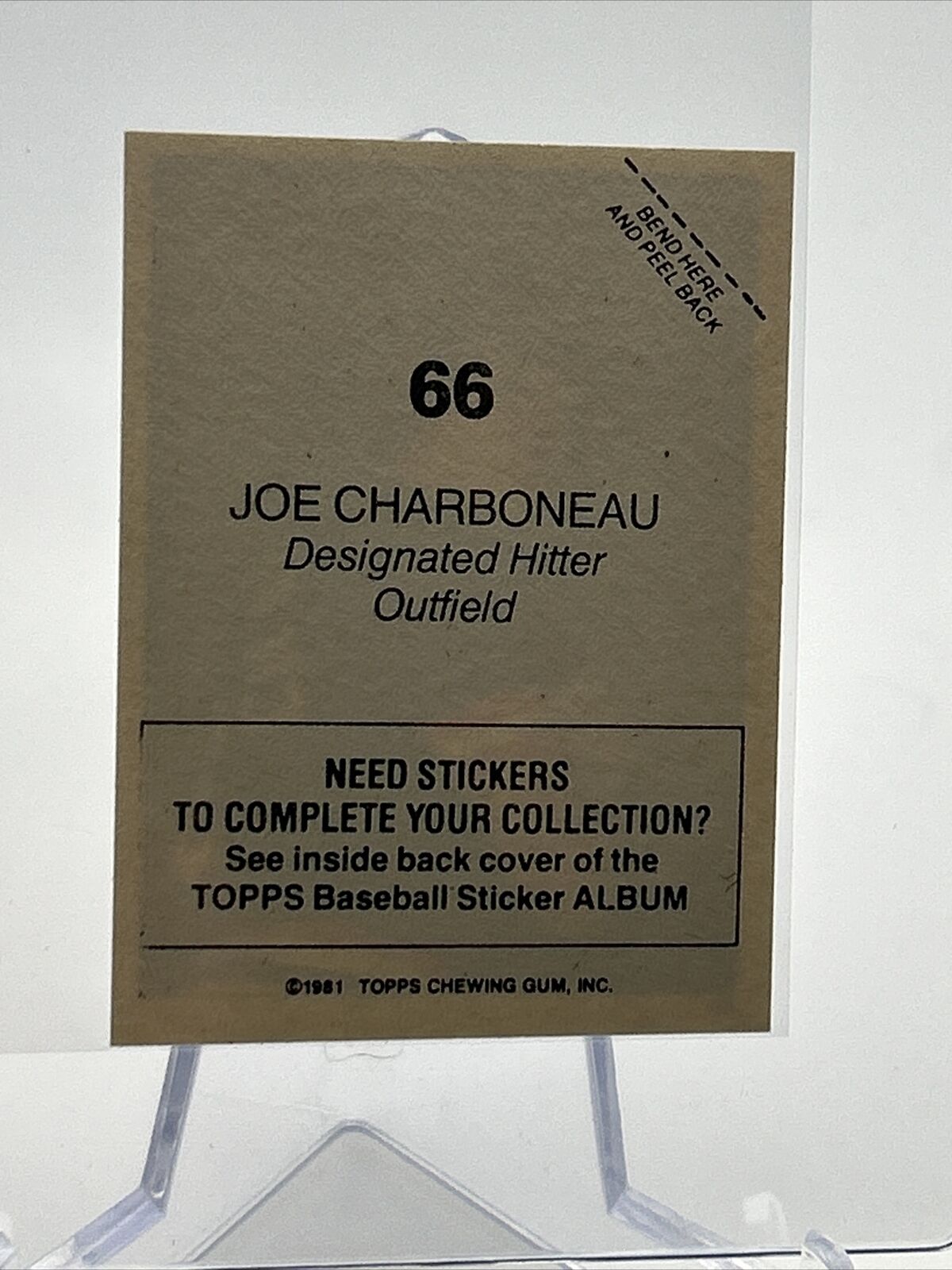 1981 Topps Stickers Joe Charboneau Rookie Card #66 NM-Mint FREE SHIPPING