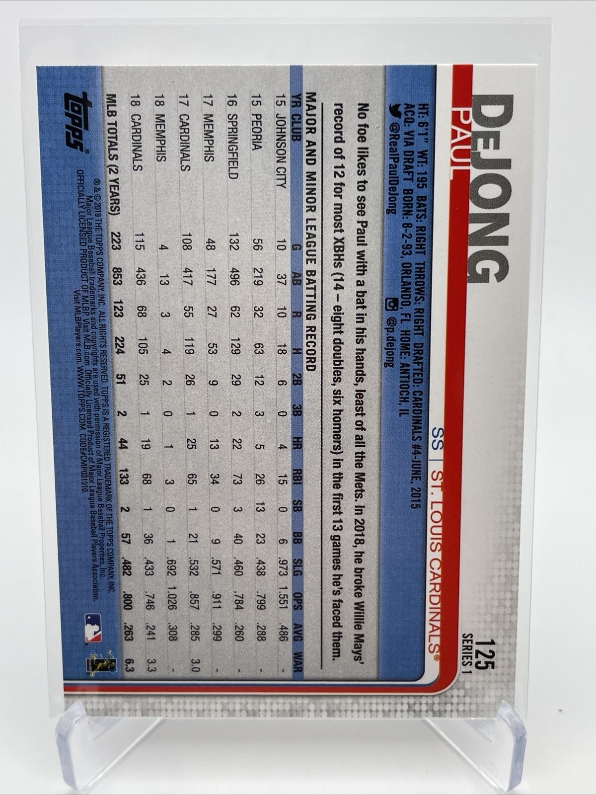 2019 Topps Paul DeJong Baseball Card #125 Mint FREE SHIPPING