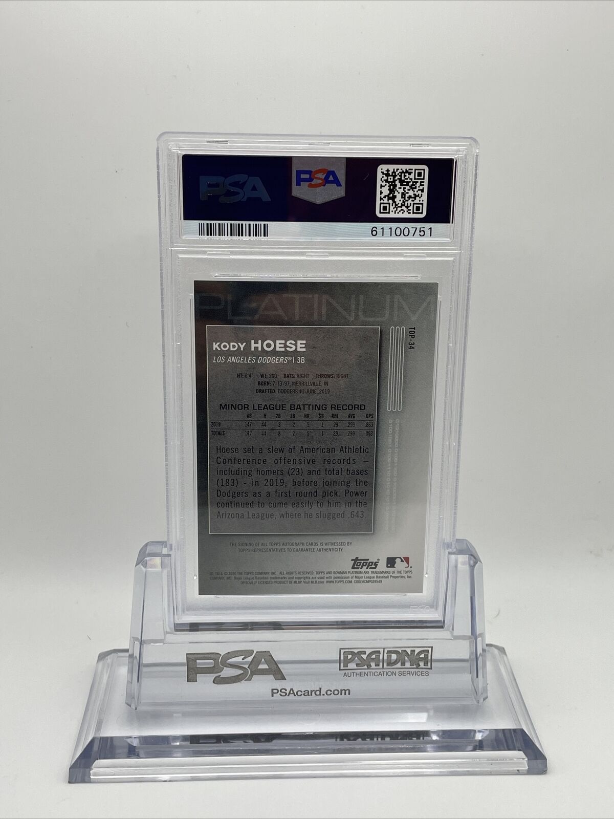 2020 Bowman Platinum Top Prospects Kody Hoese Autograph Card #TOP34 PSA 10