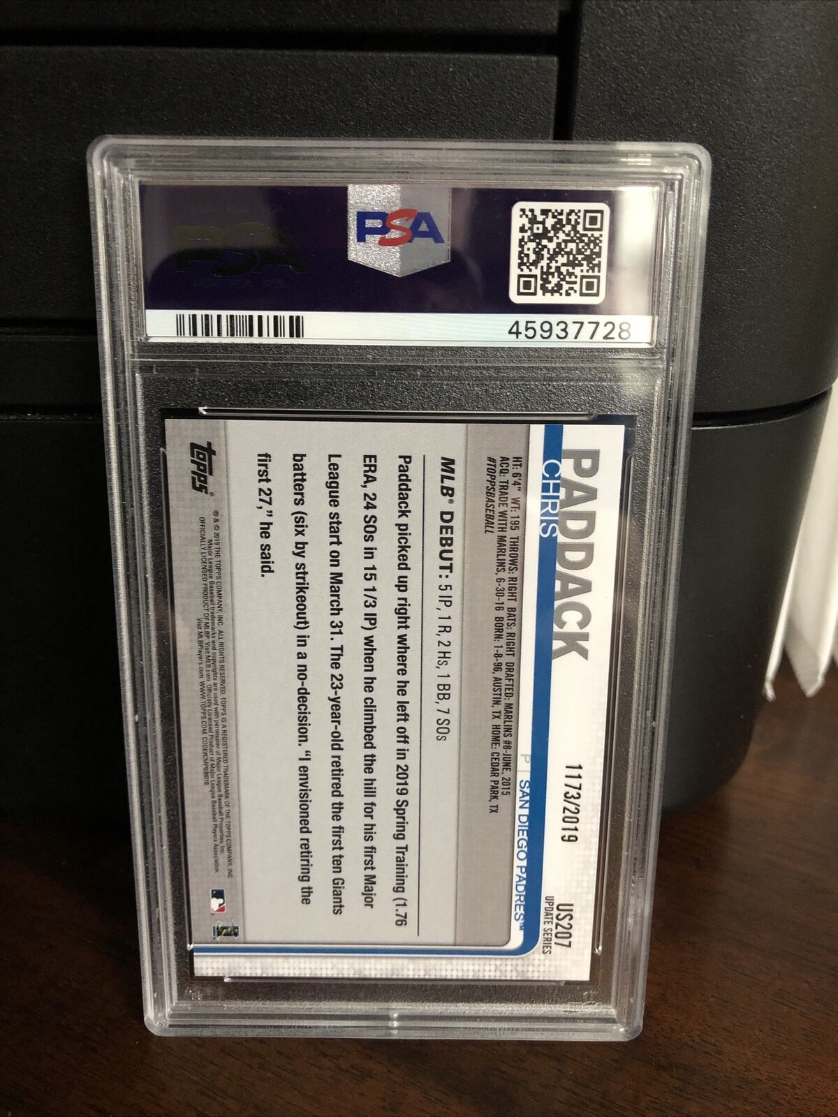 2019 Topps Update GOLD Chris Paddack Rookie Baseball Card #US207 PSA 8 NM-MT