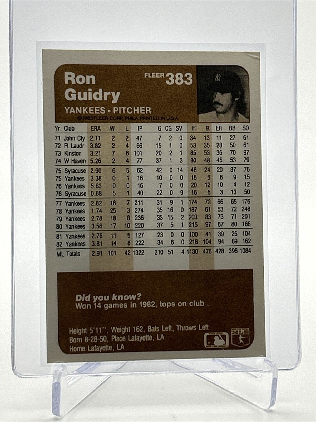 1983 Fleer Ron Guidry Baseball Card #383 NM-MT FREE SHIPPING