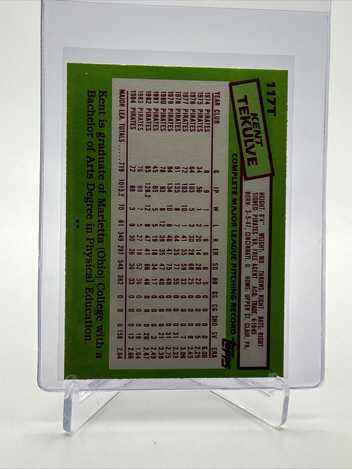 1985 Topps Traded Kent Tekulve Baseball Card #117T NM-MT FREE SHIPPING