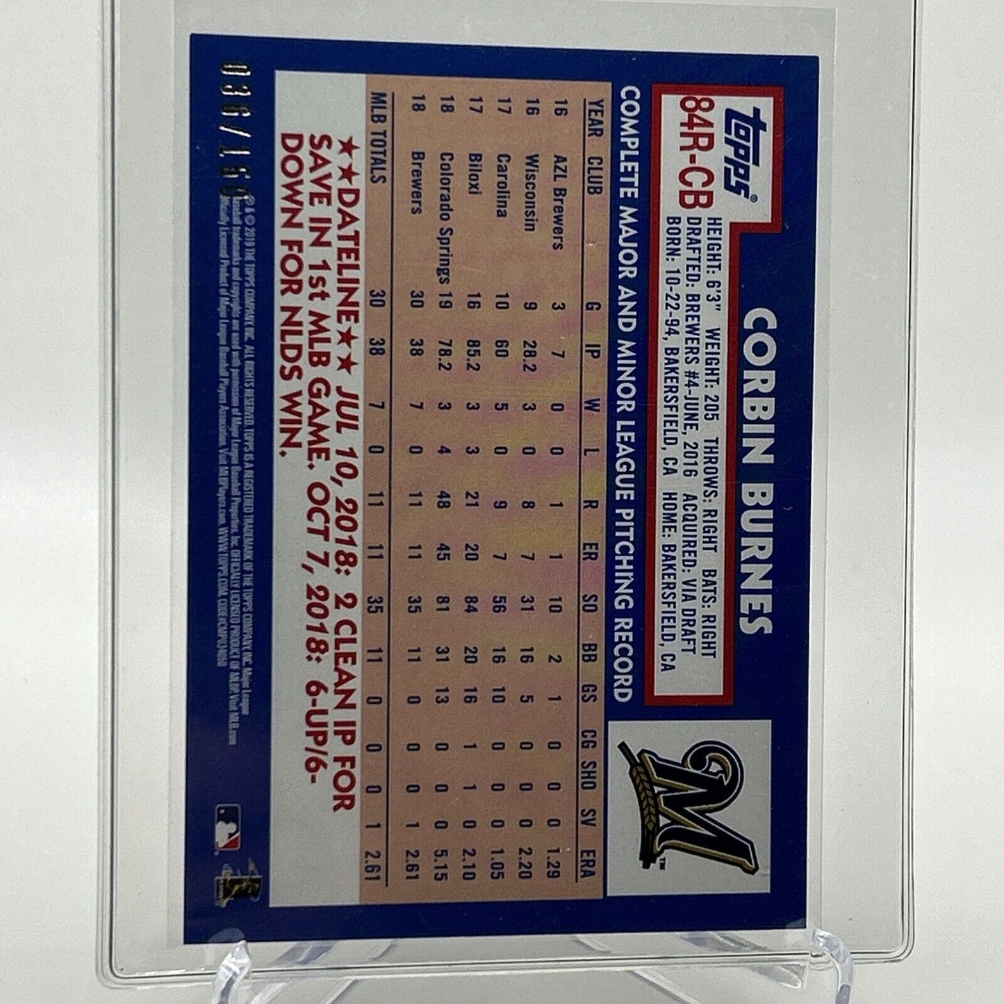 2019 Topps Corbin Burnes 1984 Topps 150th Rookie Card #84R-CB Mint FREE SHIPPING