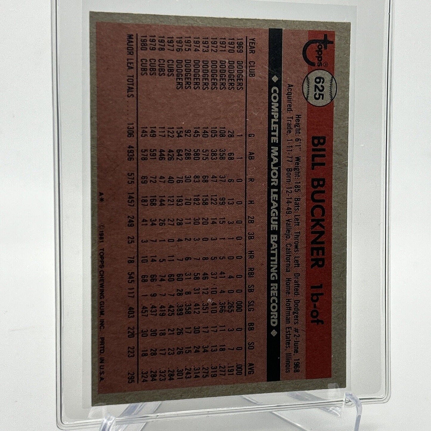 1981 Topps Bill Buckner Baseball Card #625 NM-Mint FREE SHIPPING