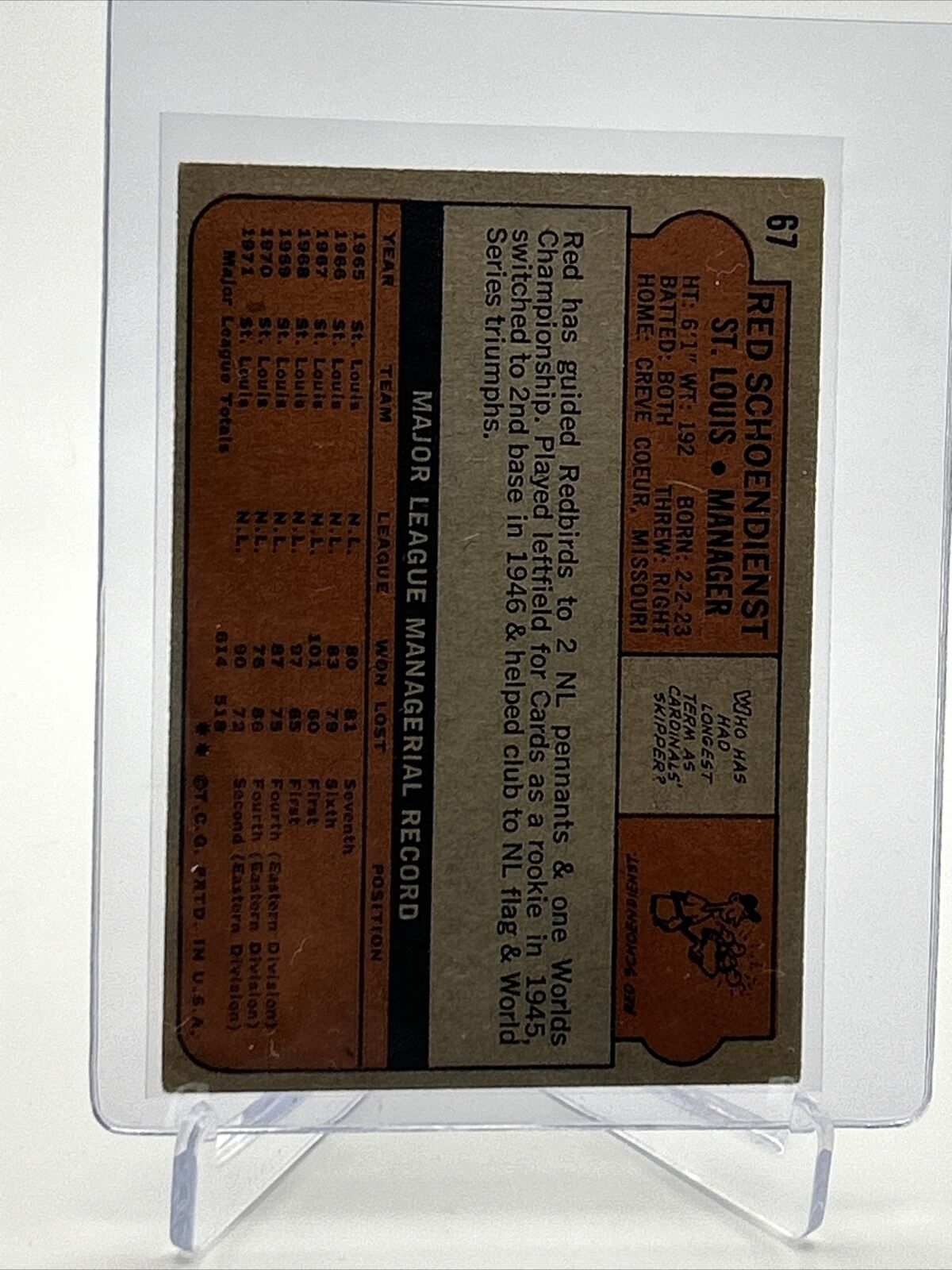 1972 Topps Red Schoendienst Baseball Card #67 VG Quality FREE SHIPPING