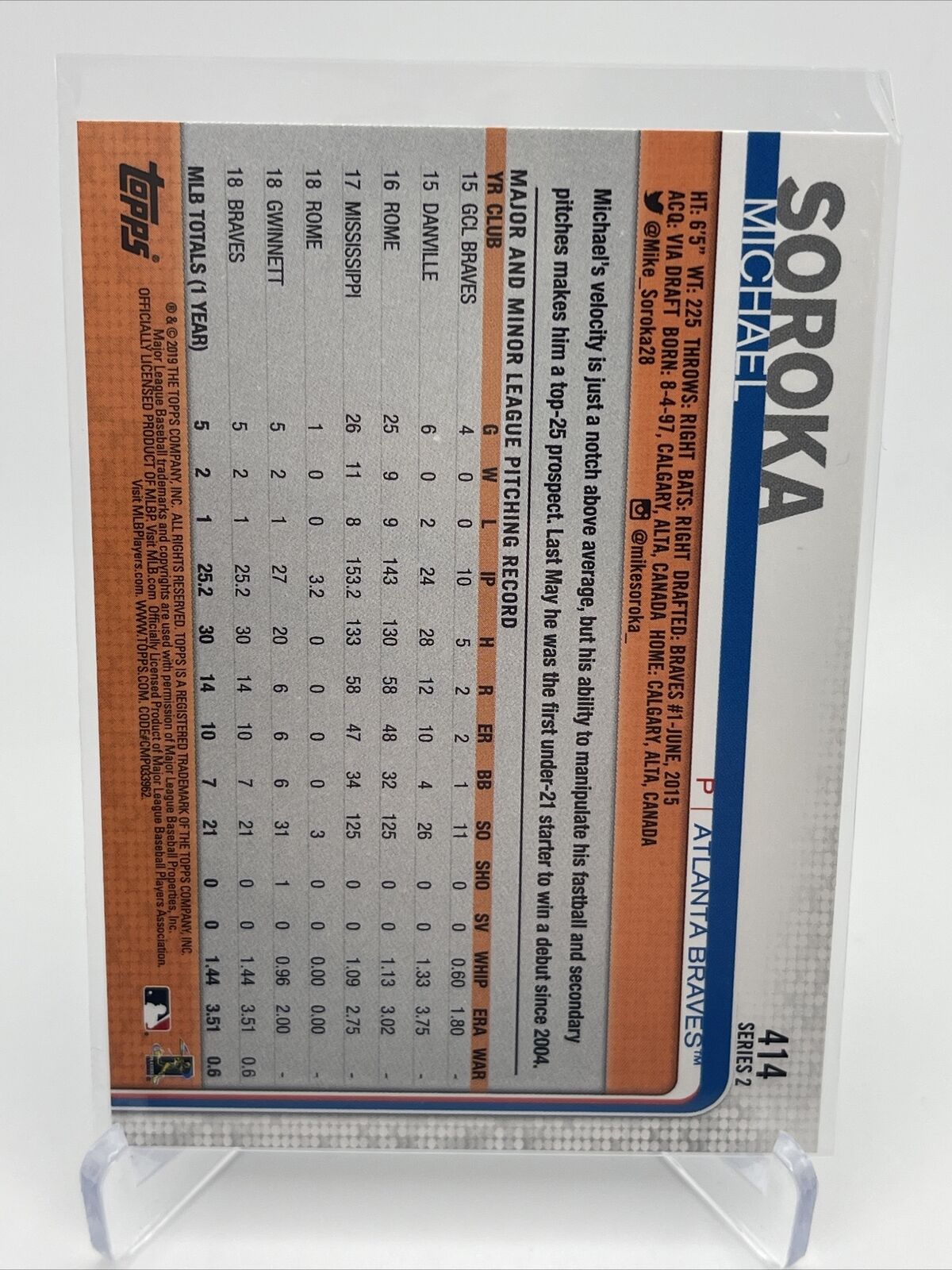 2019 Topps Michael Soroka Baseball Card #414 Mint FREE SHIPPING