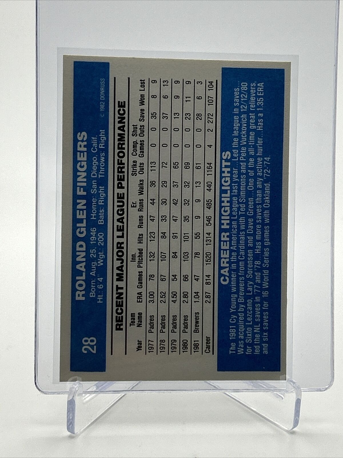 1982 Donruss Rollie Fingers Baseball Card #28 NM-MT FREE SHIPPING