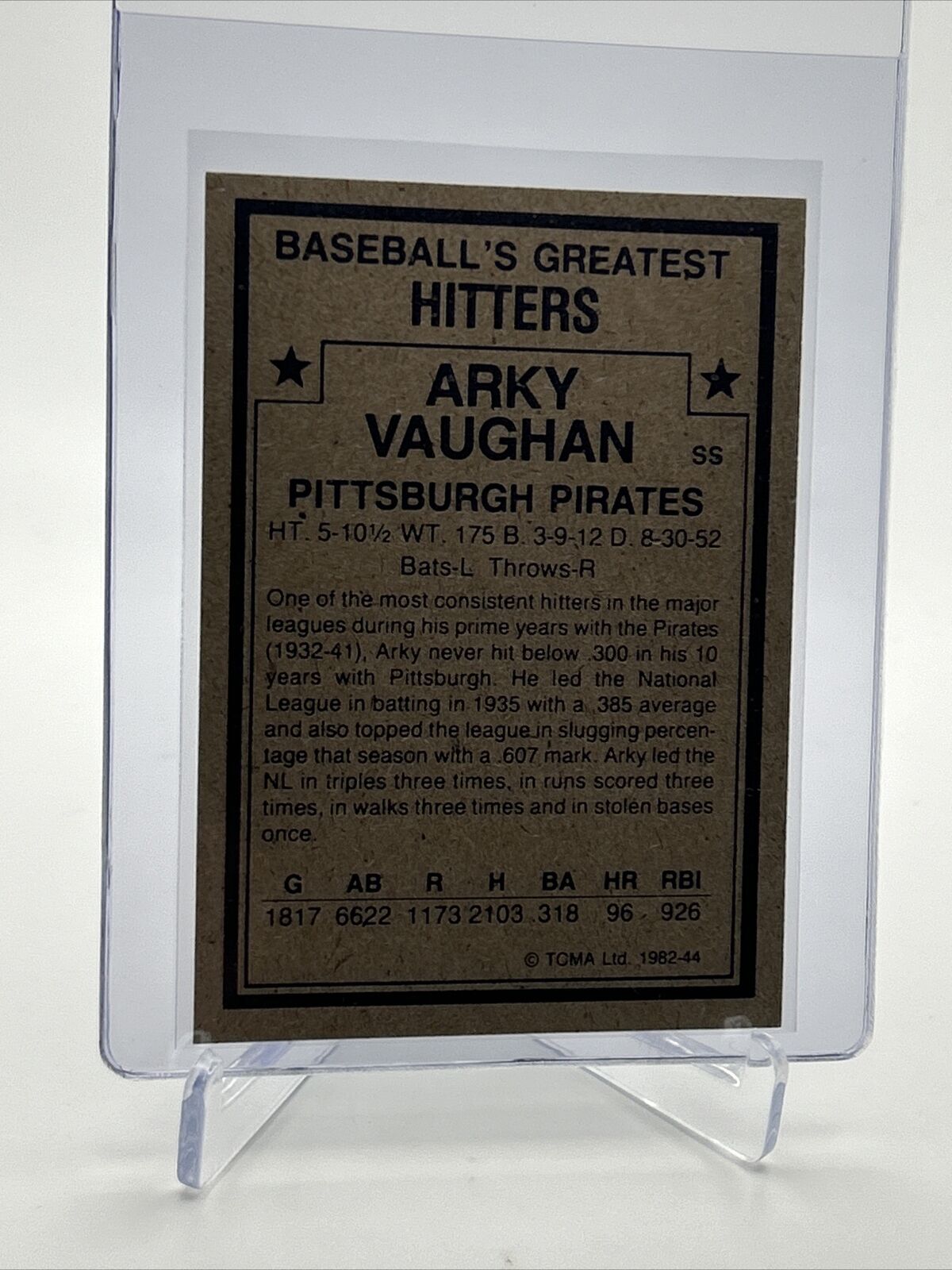 1982 TCMA Greatest Hitters Arky Vaughan Baseball Card #44 Mint FREE SHIPPING