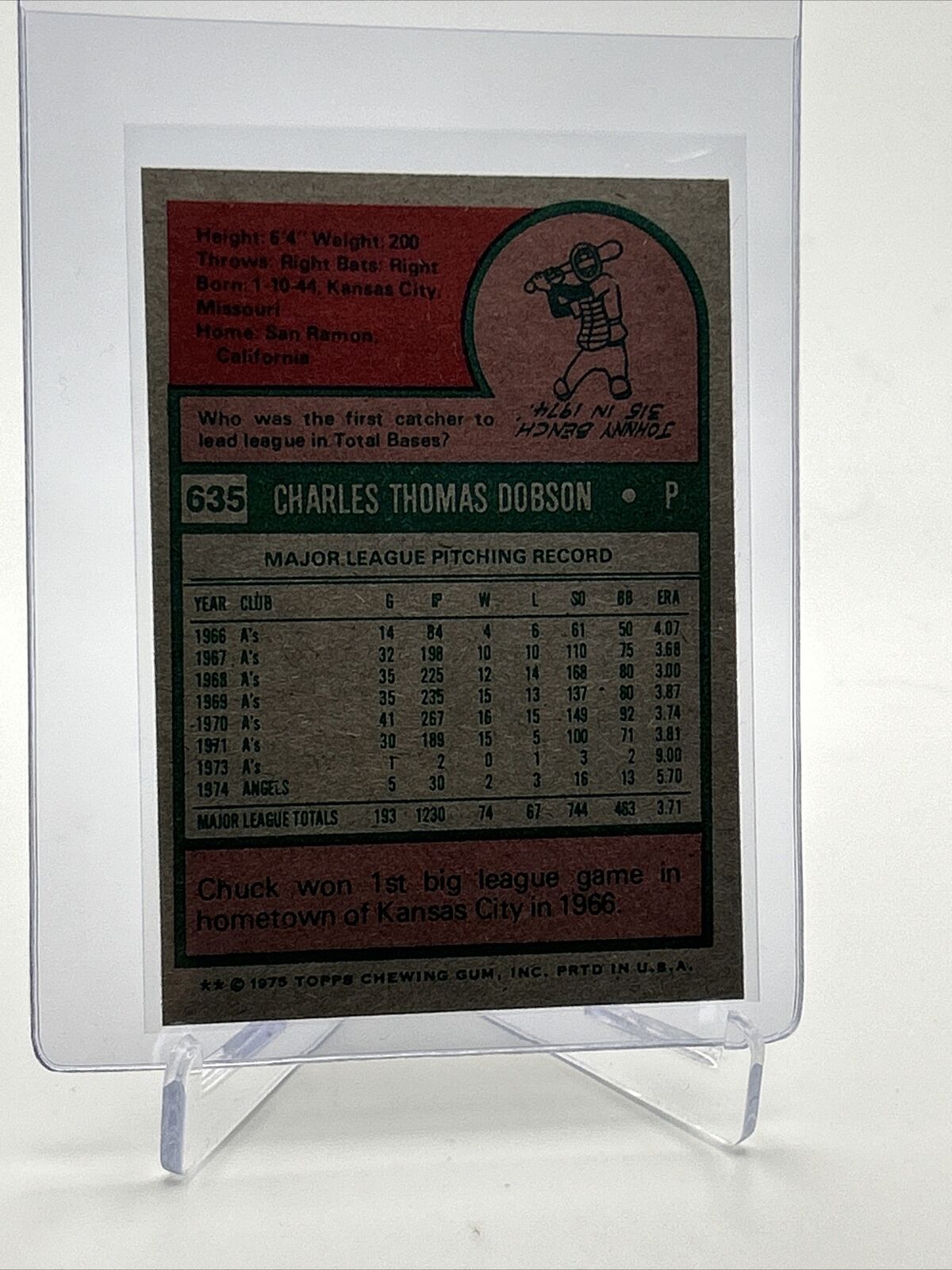 1975 Topps Chuck Dobson Baseball Card #635 NM Quality FREE SHIPPING