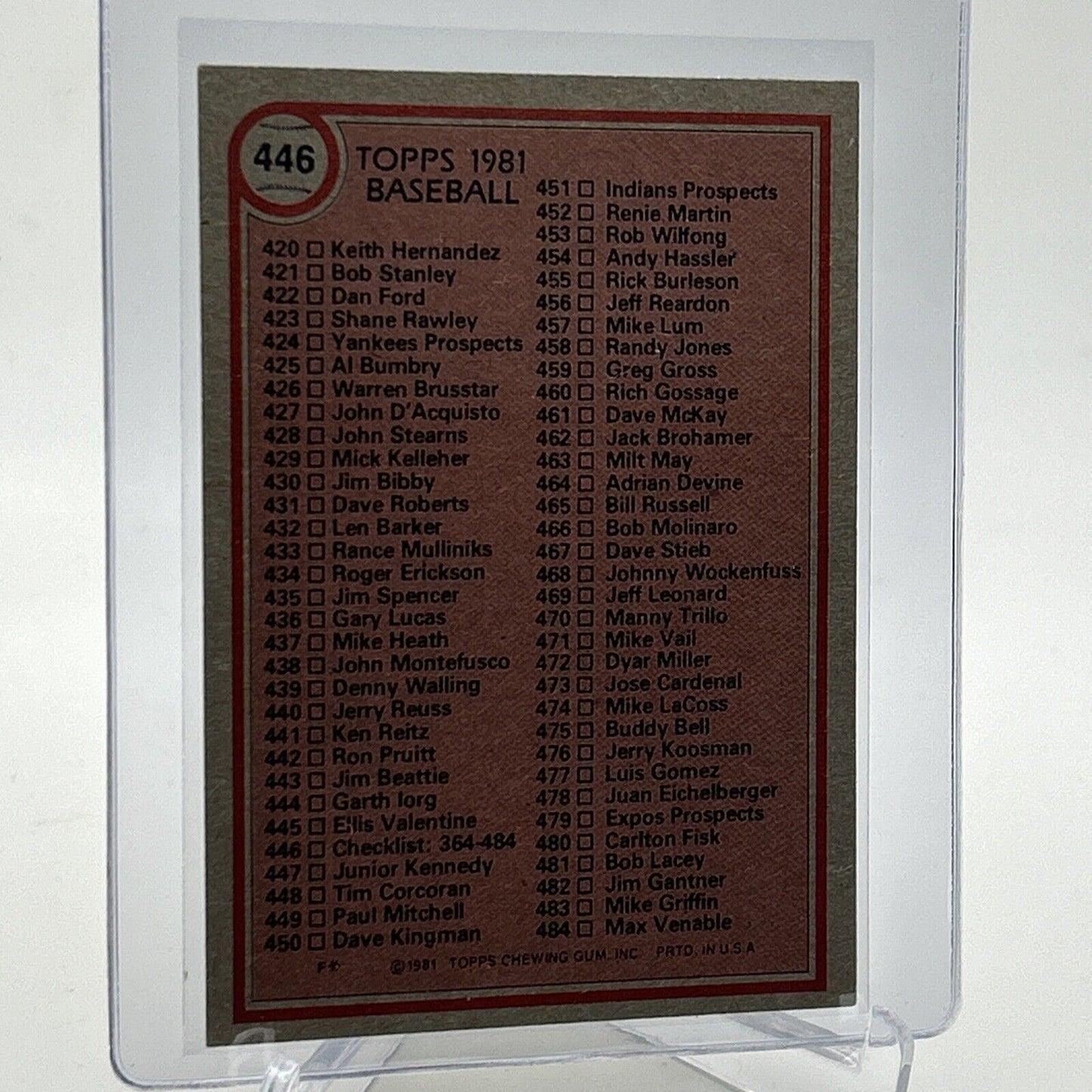 1981 Topps Checklist: 364-484 Baseball Card #446 NM-Mint FREE SHIPPING