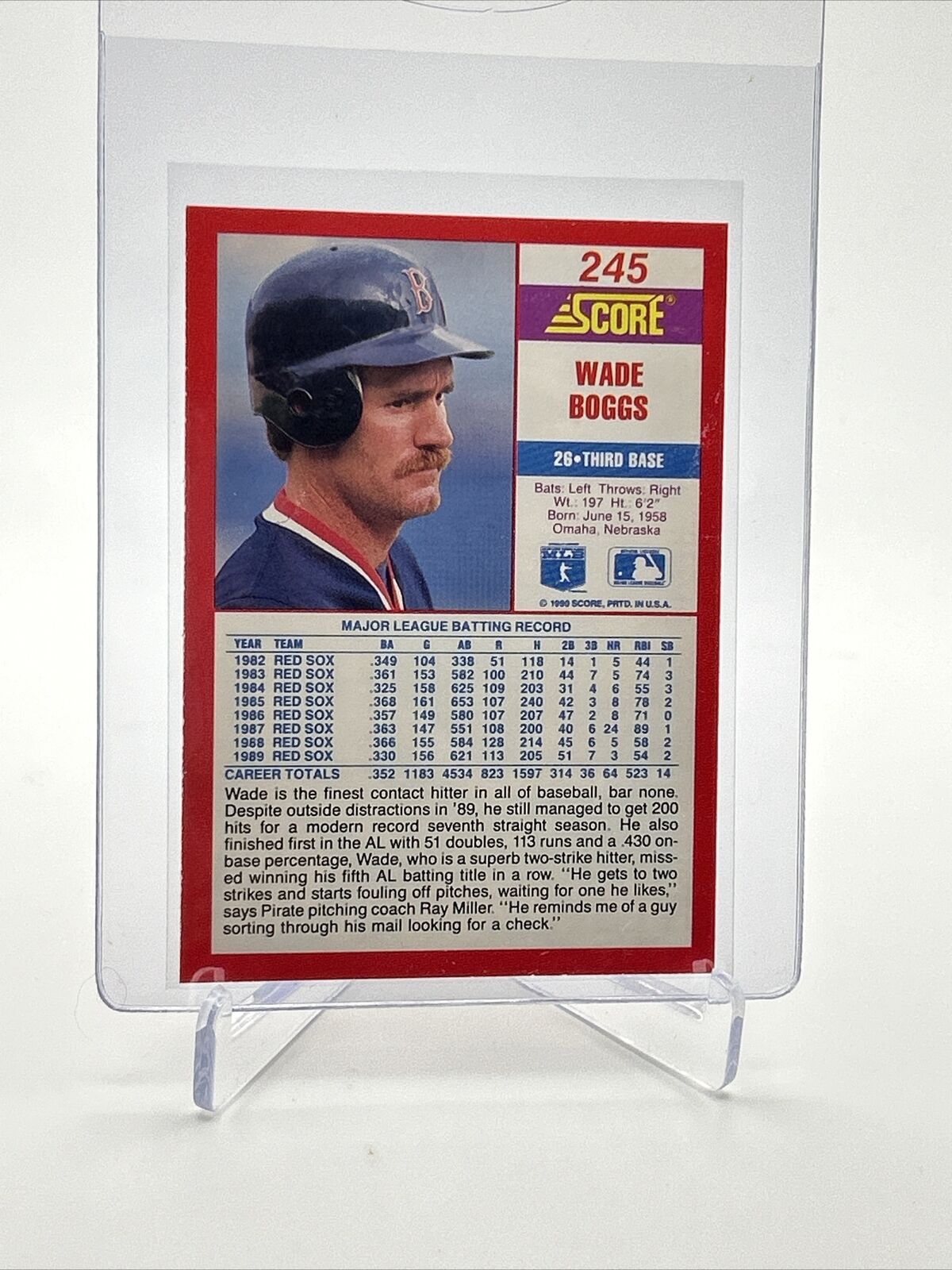 1990 Score Wade Boggs Baseball Card #245 Mint FREE SHIPPING