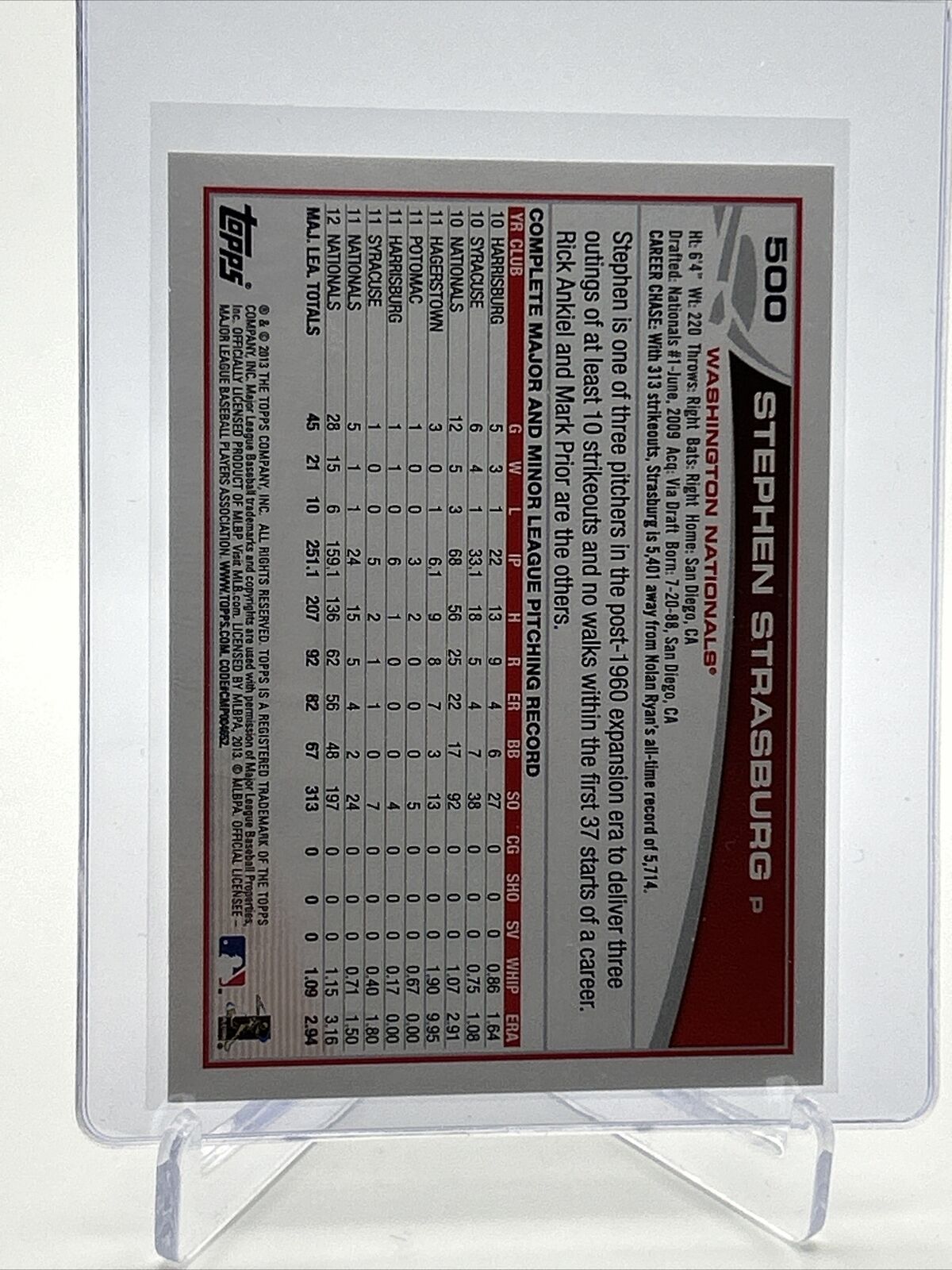 2013 Topps Stephen Strasburg Baseball Card #500 Mint FREE SHIPPING