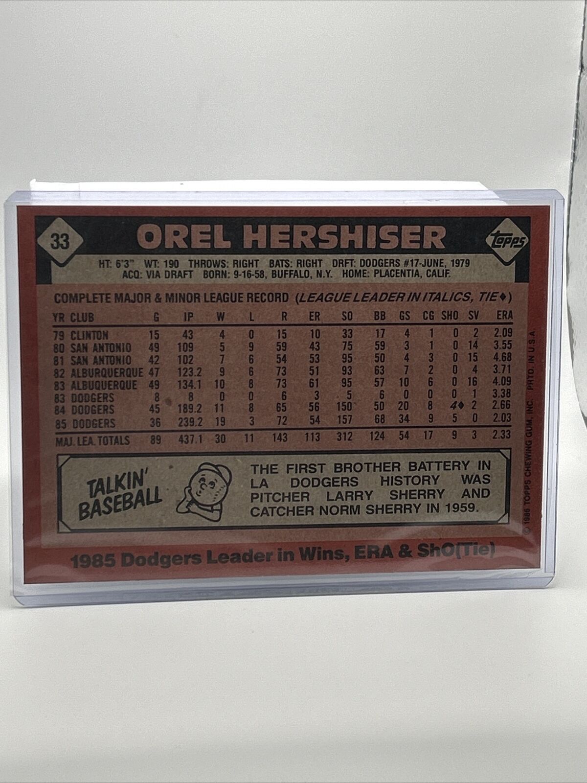 1986 Topps Super Orel Hershiser Baseball Card #33 NM-Mint FREE SHIPPING
