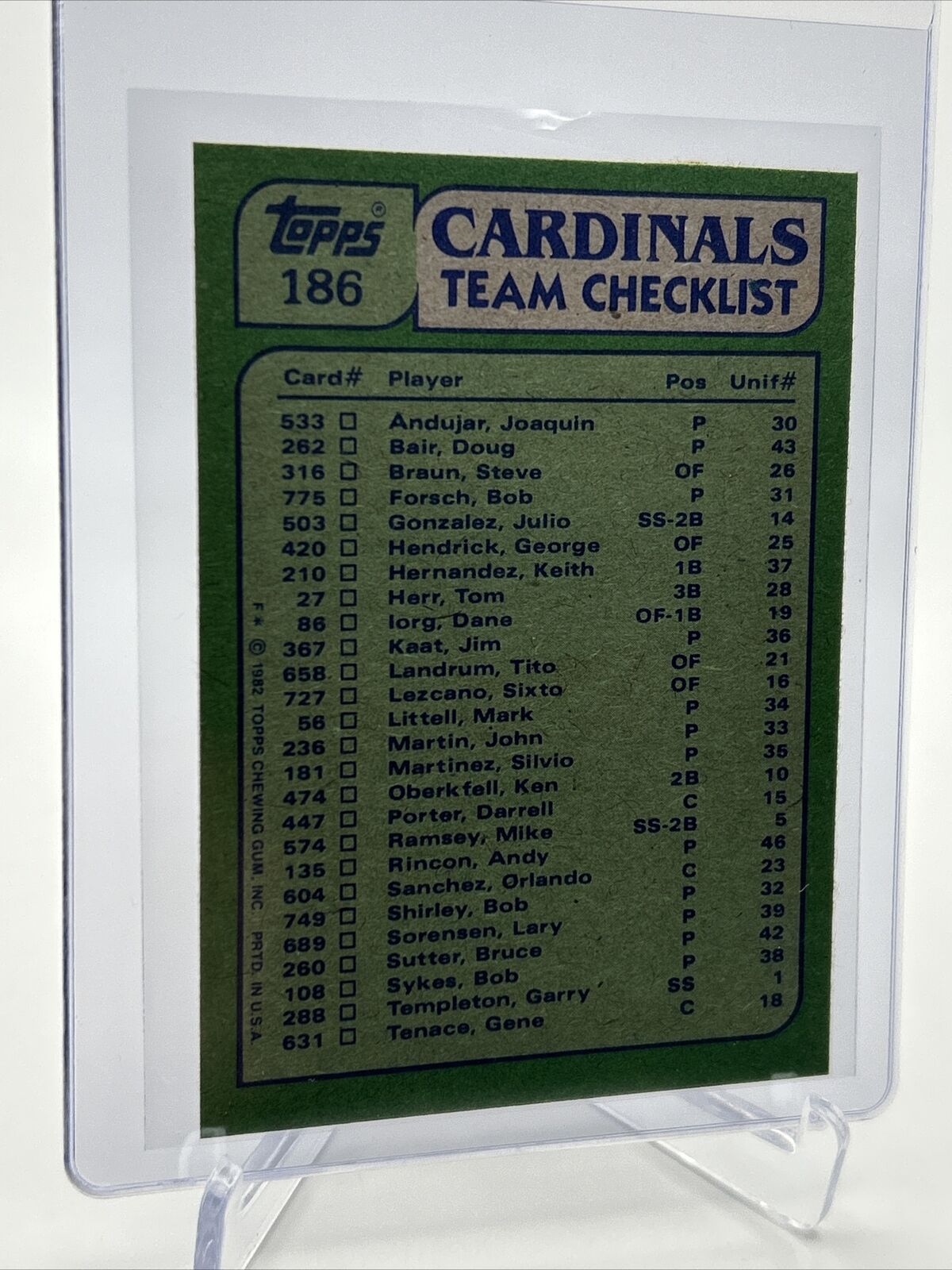 1982 Topps Cardinals Leaders/Checklist Baseball Card #186 NM-Mint FREE SHIPPING