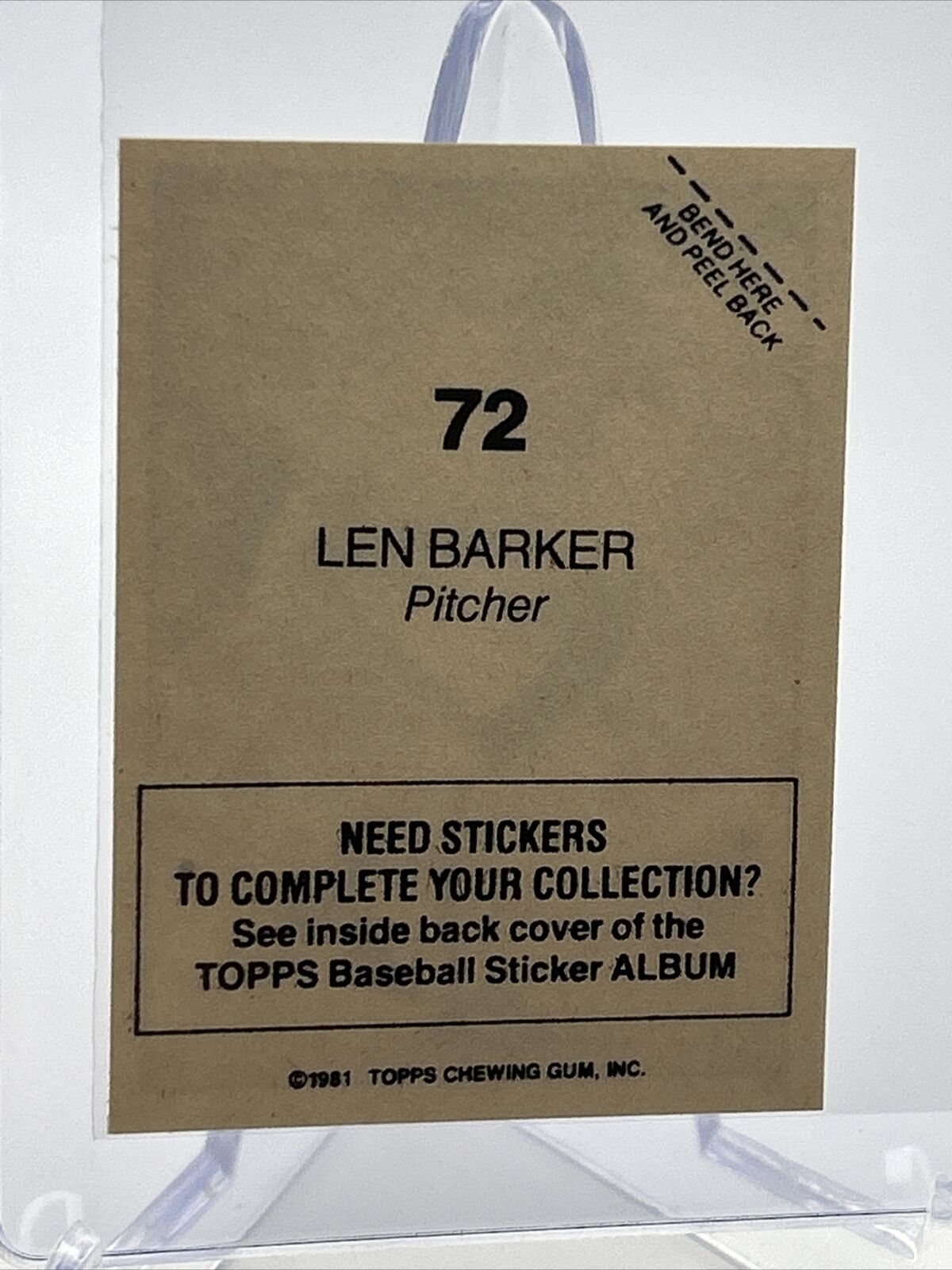 1981 Topps Stickers Len Barker Baseball Card #72 NM-Mint FREE SHIPPING