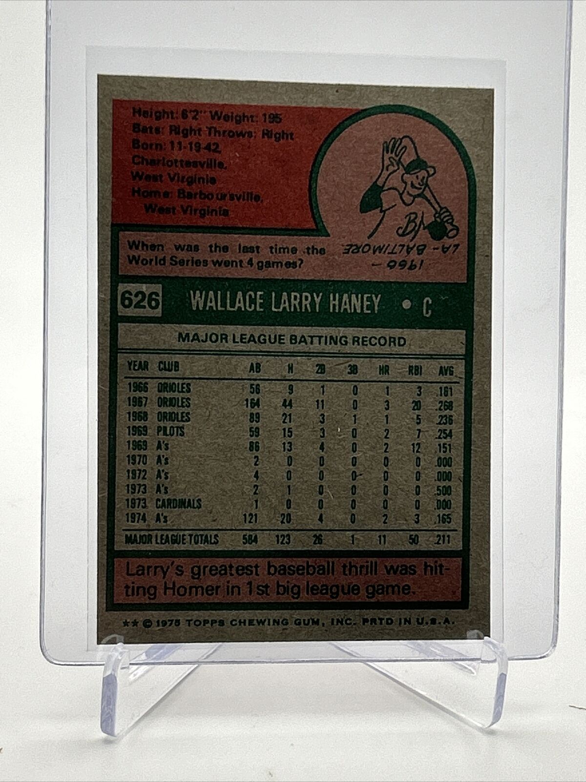 1975 Topps Larry Haney Baseball Card #626 NM Quality FREE SHIPPING