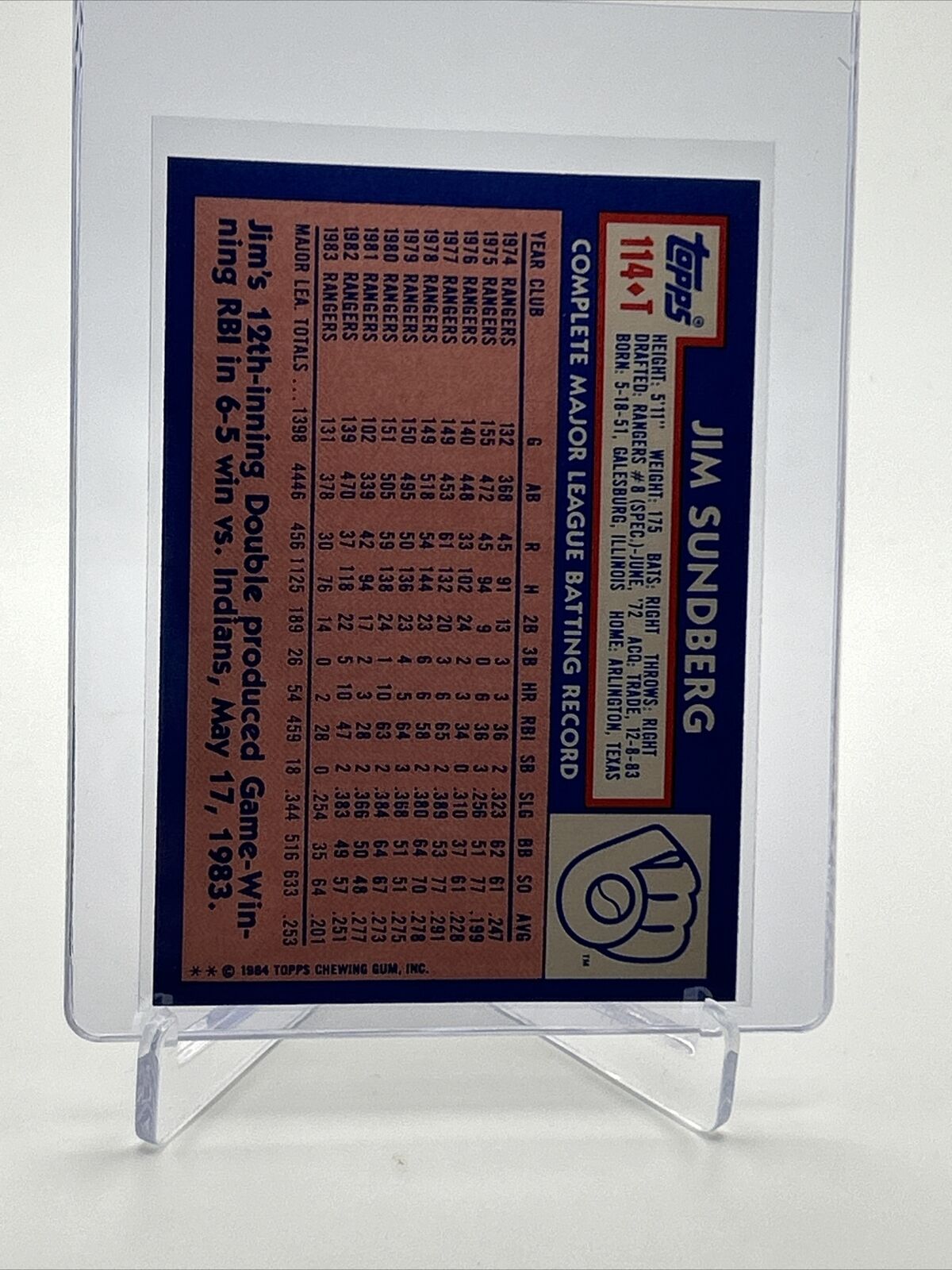 1984 Topps Traded TIFFANY Jim Sundberg Card #114T NM-MT FREE SHIPPING