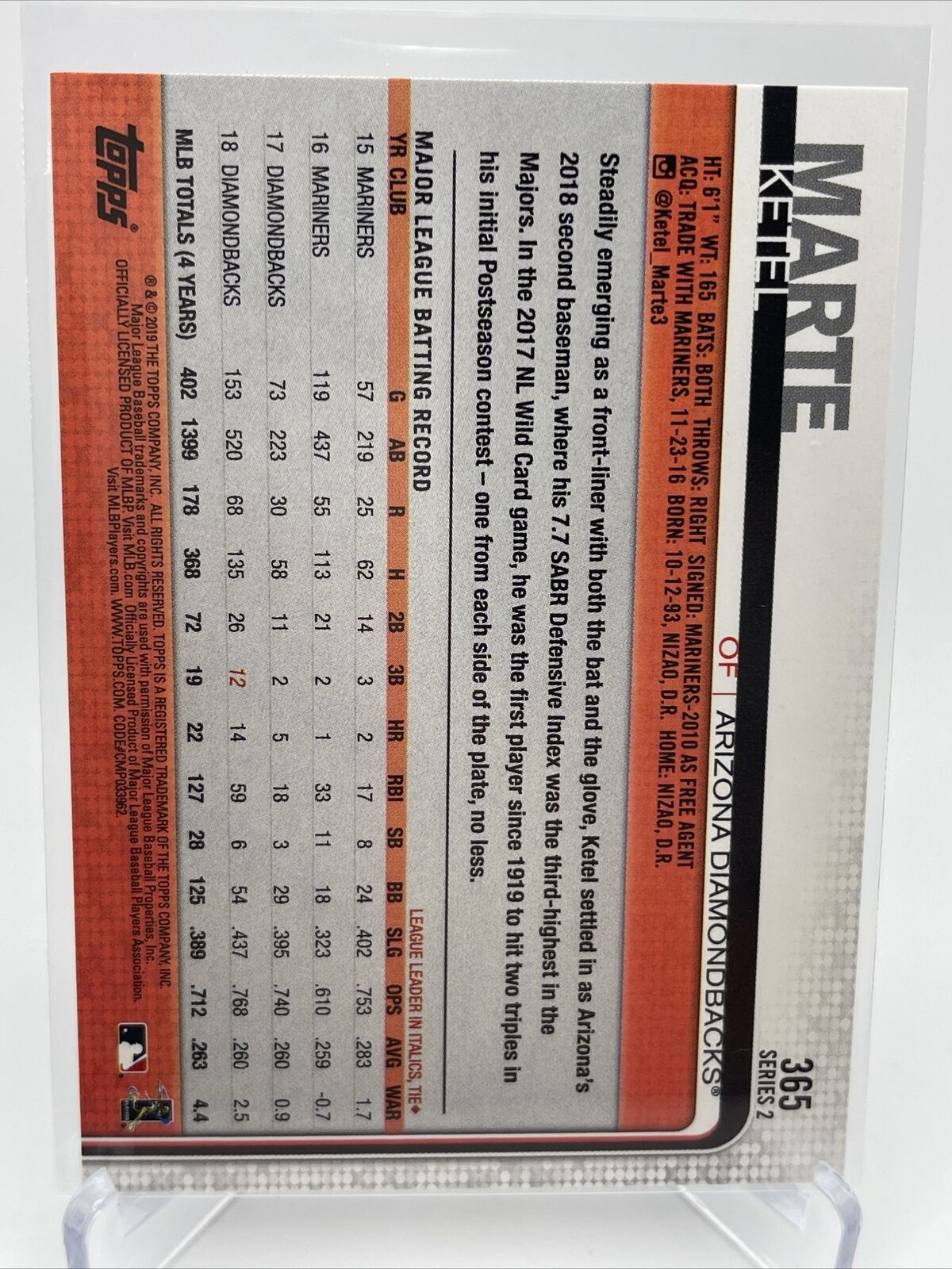 2019 Topps Ketel Marte Baseball Card #365 Mint FREE SHIPPING