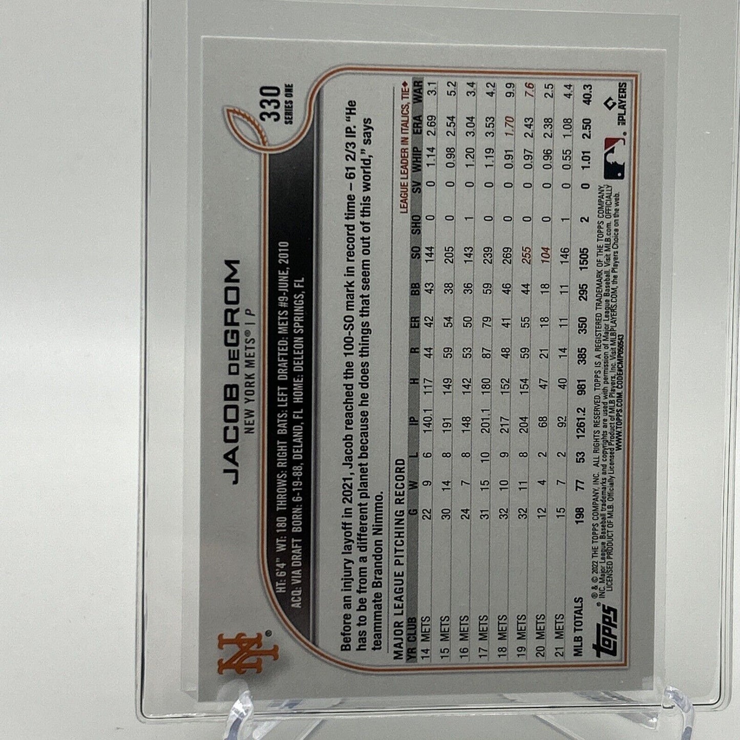 2022 Topps Jacob deGrom Baseball Card #330 Mint FREE SHIPPING