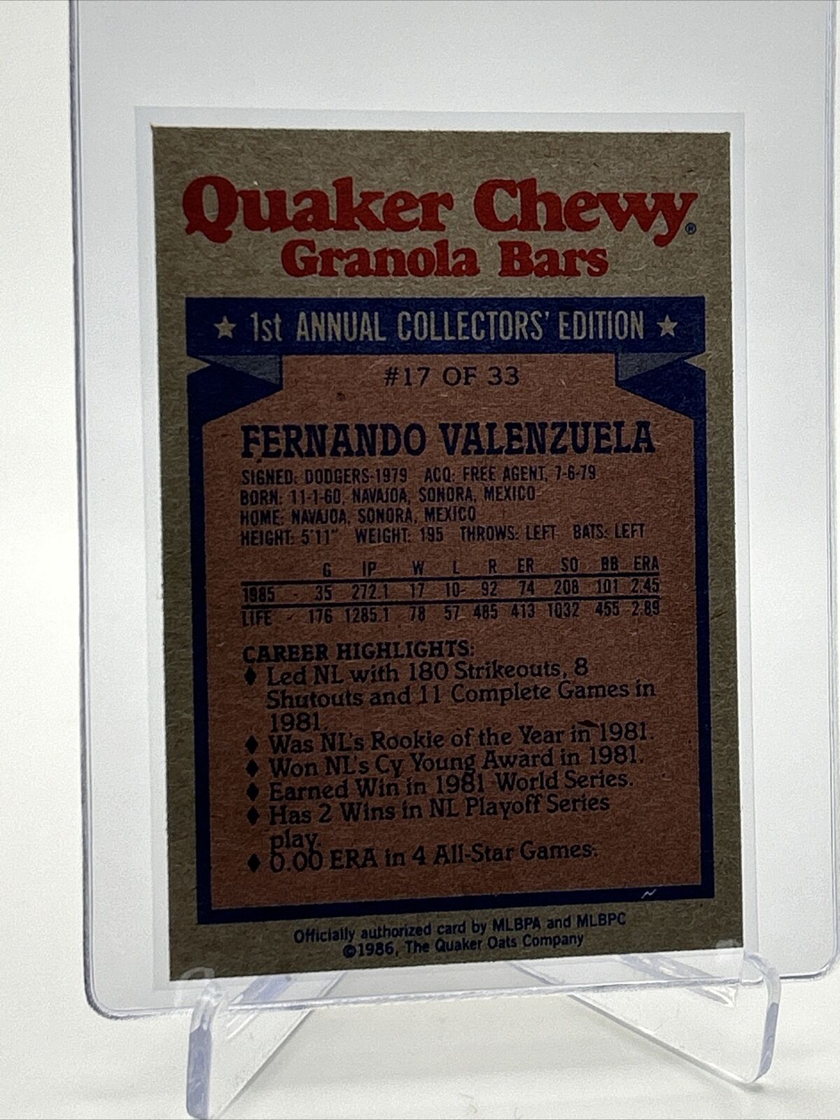 1986 Topps Quaker Fernando Valenzuela Baseball Card #17 NM-Mint FREE SHIPPING