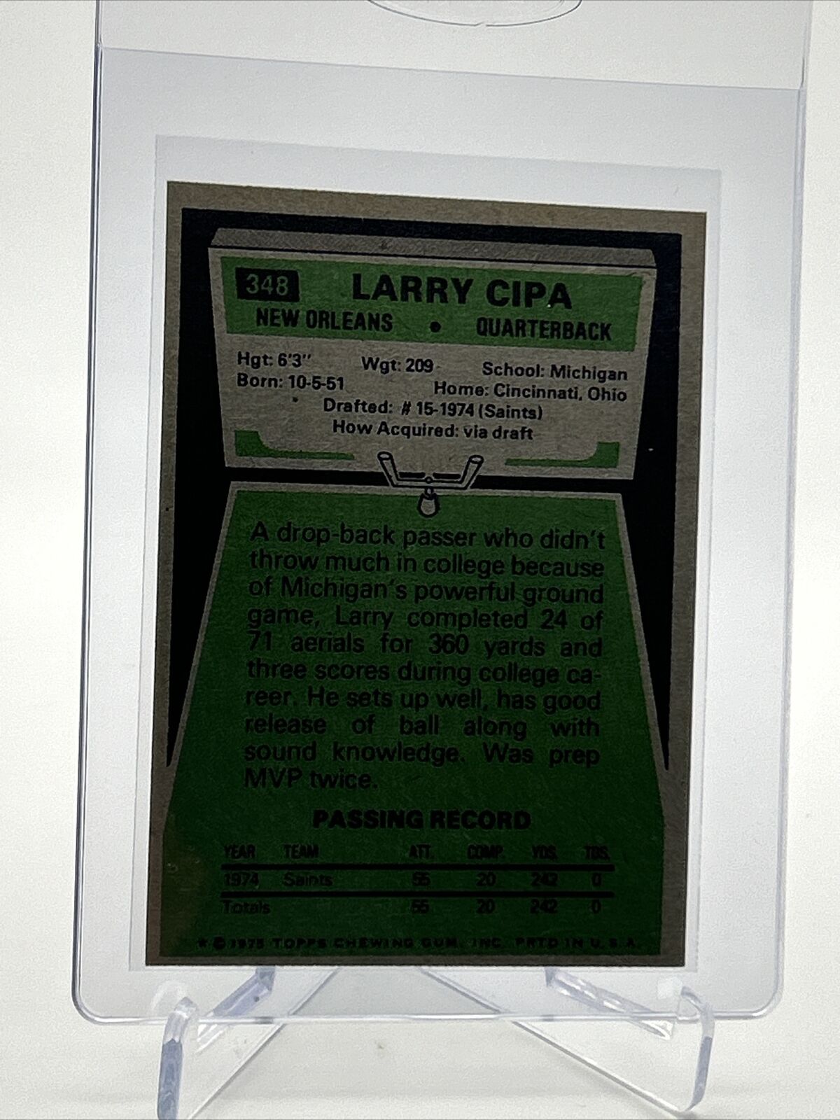 1975 Topps Larry Cipa Rookie Football Card #348 NM Quality FREE SHIPPING