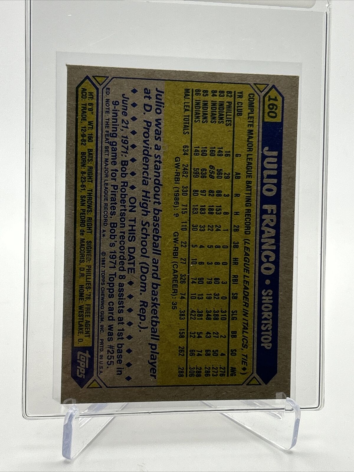 1987 Topps Julio Franco Baseball Card #160 Mint FREE SHIPPING