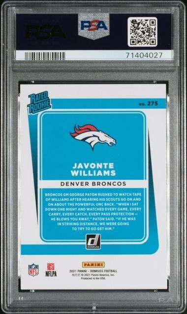 2021 Panini Donruss Javonte Williams Rookie Football Card #275 PSA 9 Mint