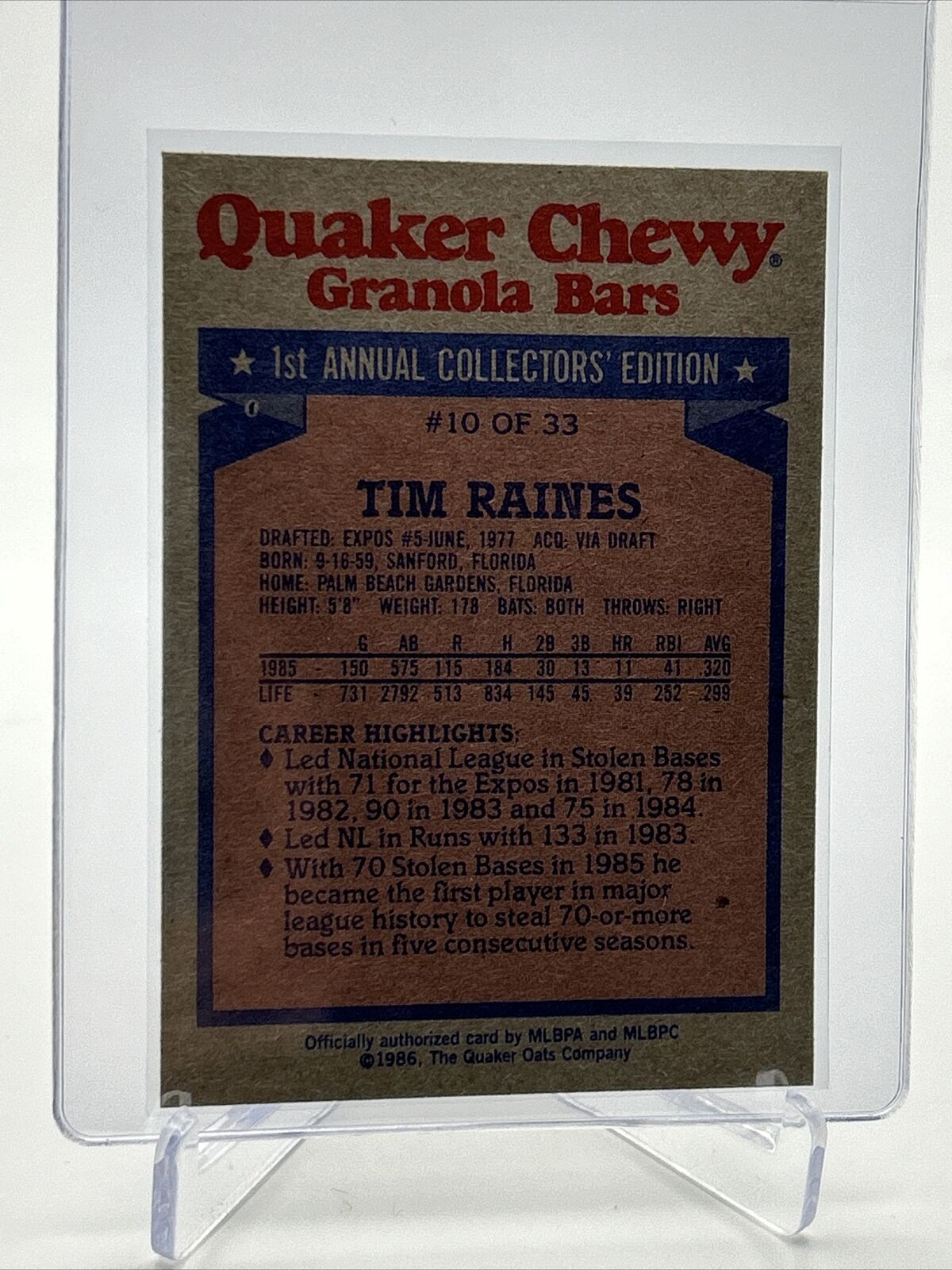1986 Topps Quaker Tim Raines Baseball Card #10 NM-Mint FREE SHIPPING