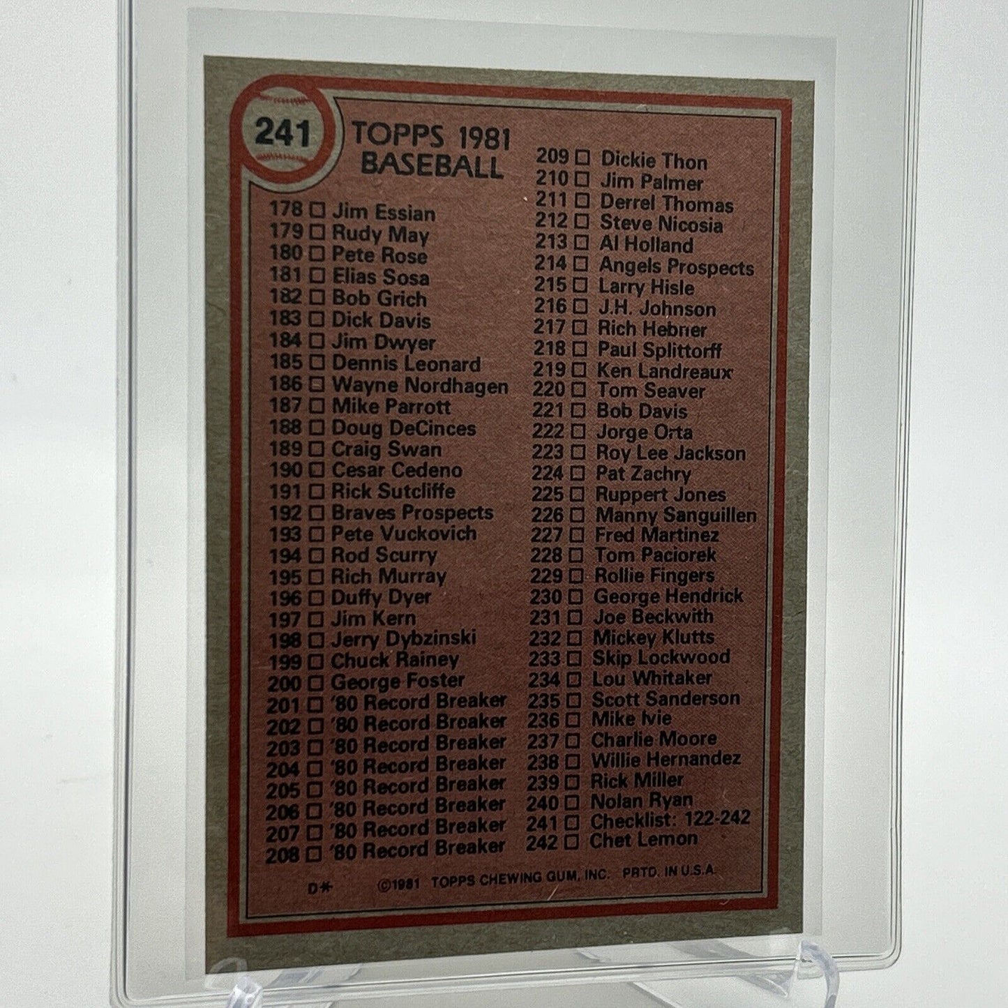 1981 Topps Checklist: 122-242 Baseball Card #241 NM-Mint FREE SHIPPING