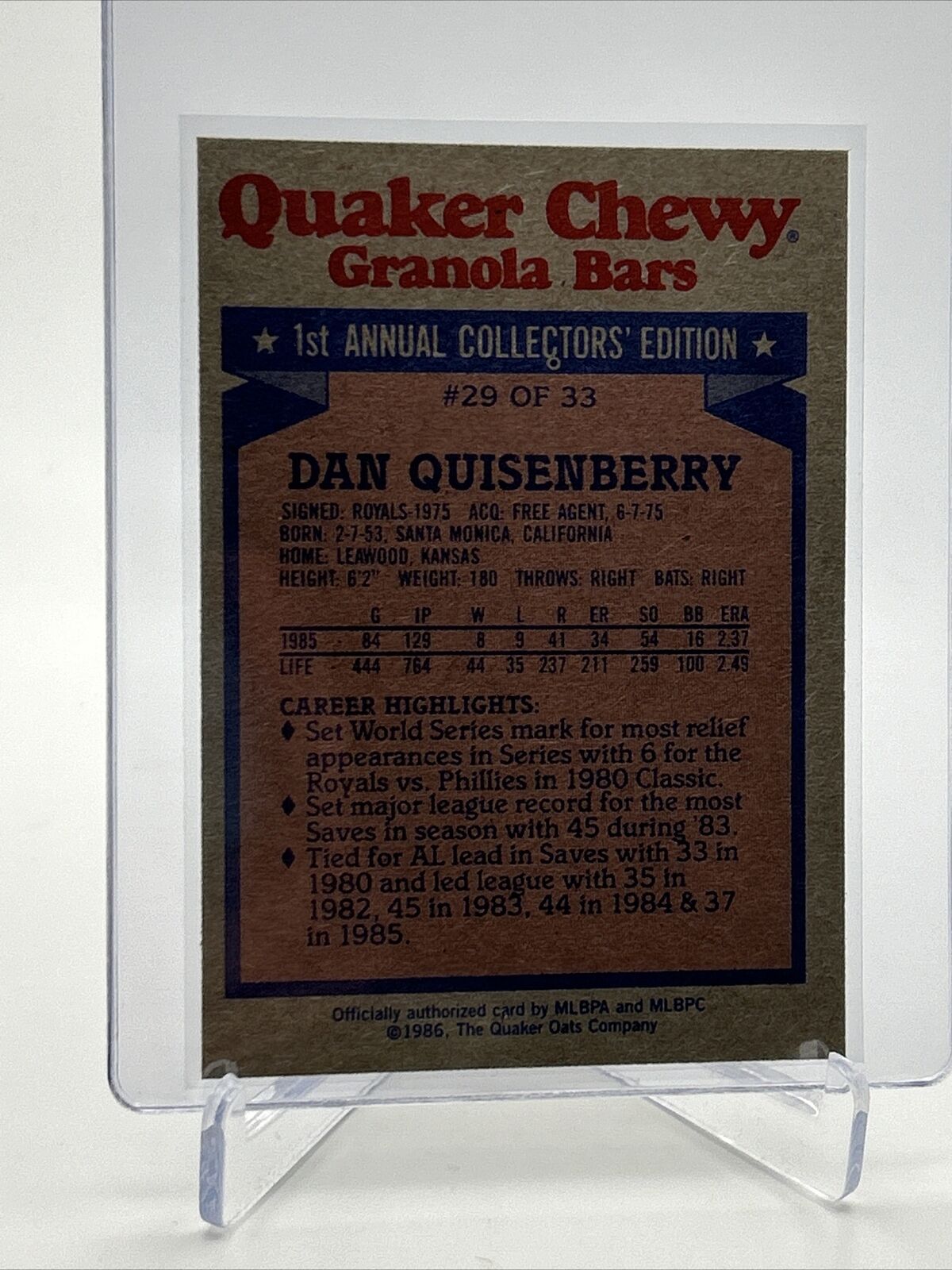 1986 Topps Quaker Dan Quisenberry Baseball Card #29 NM-Mint FREE SHIPPING