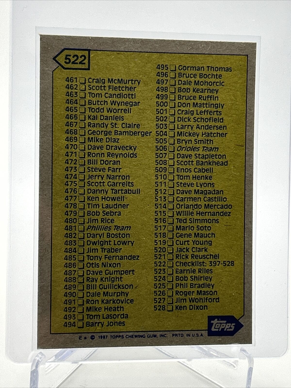 1987 Topps Checklist: 397-528 Baseball Card #522 Mint FREE SHIPPING