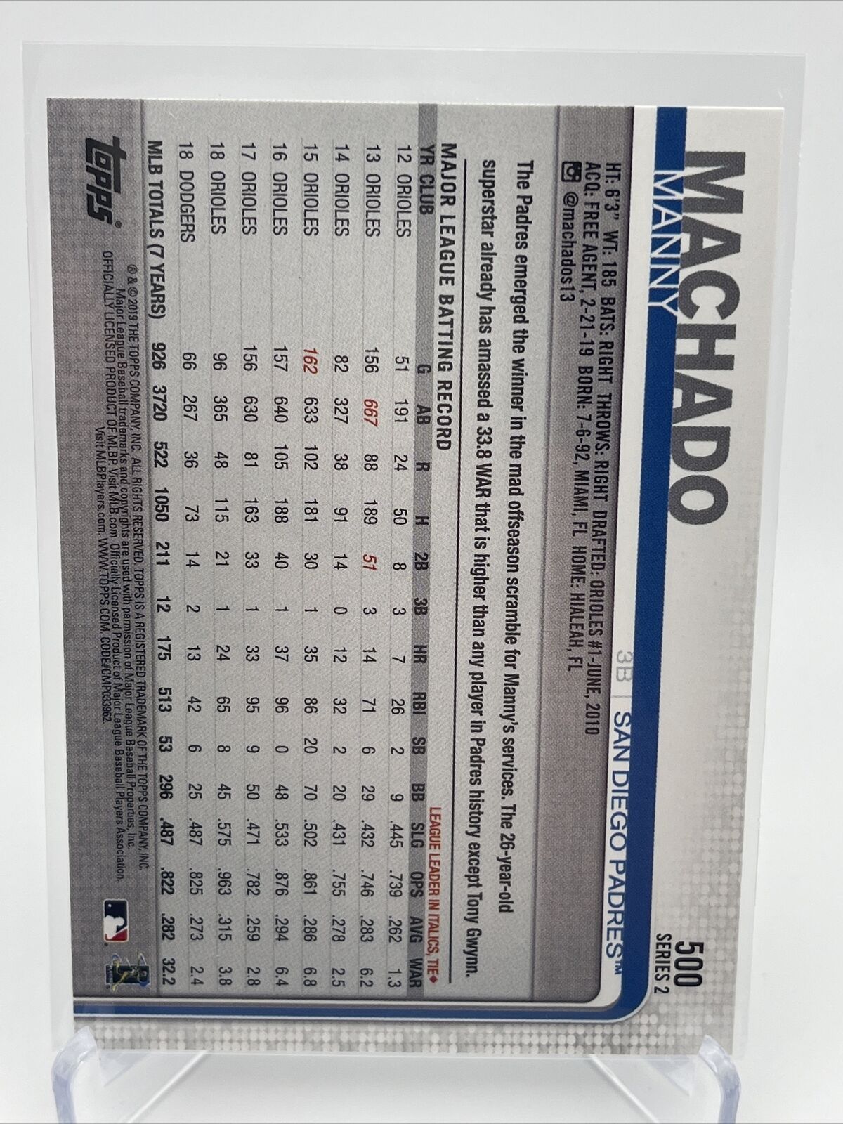 2019 Topps Manny Machado Baseball Card #500 Mint FREE SHIPPING