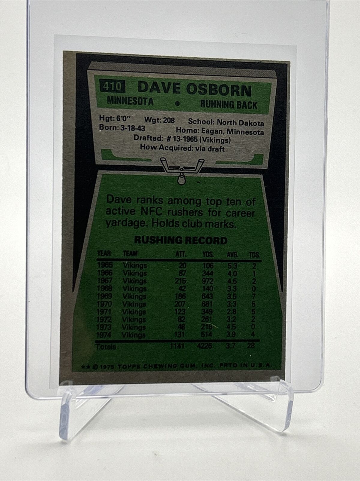 1975 Topps Dave Osborn Football Card #410 EX-MT Quality FREE SHIPPING