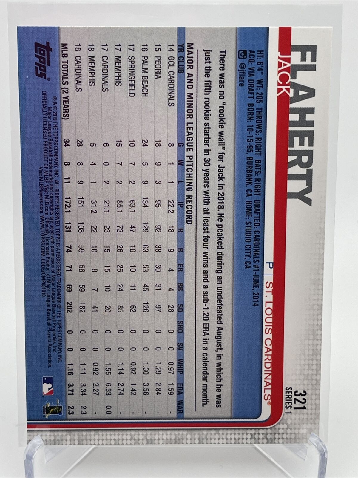 2019 Topps Jack Flaherty Baseball Card #321 Mint FREE SHIPPING